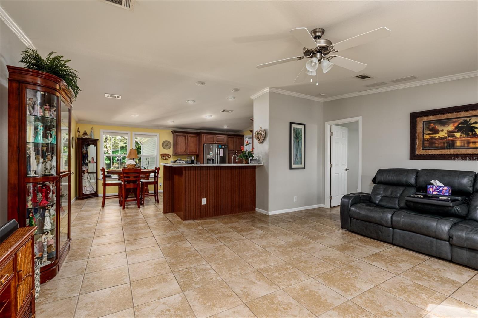 Open living space from back door with vaulted ceilings