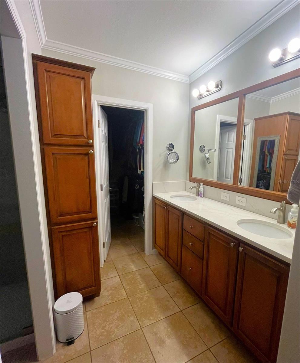 Primary vanity space with storage and walk in closet