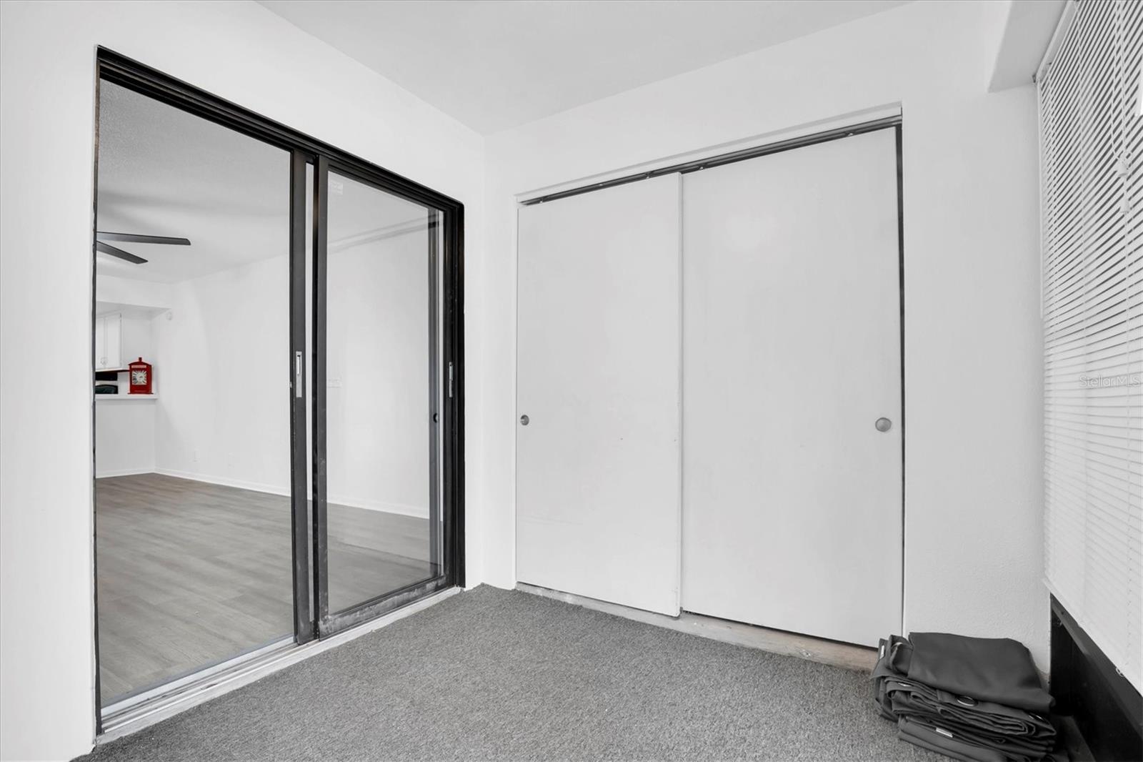 Here's the bonus room, just on the other side of the sliding doors from the living room. The closet on this side also holds the water heater