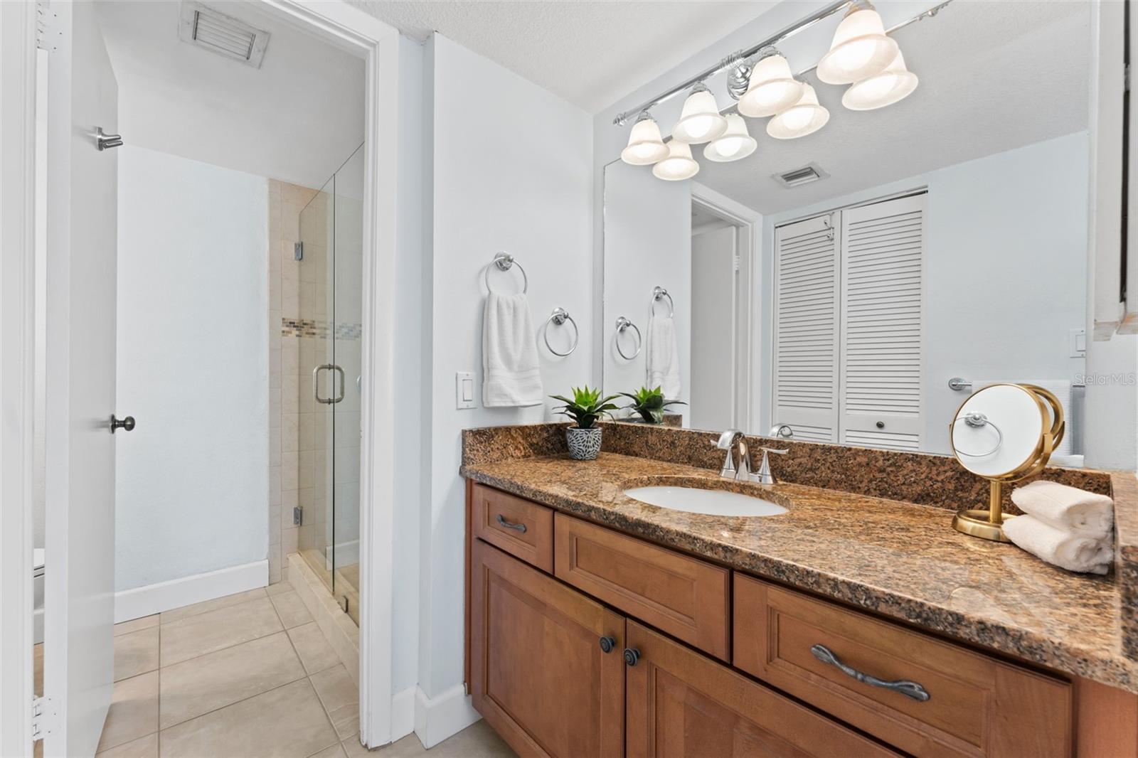 Primary Suite Bathroom, with separate vanity area.