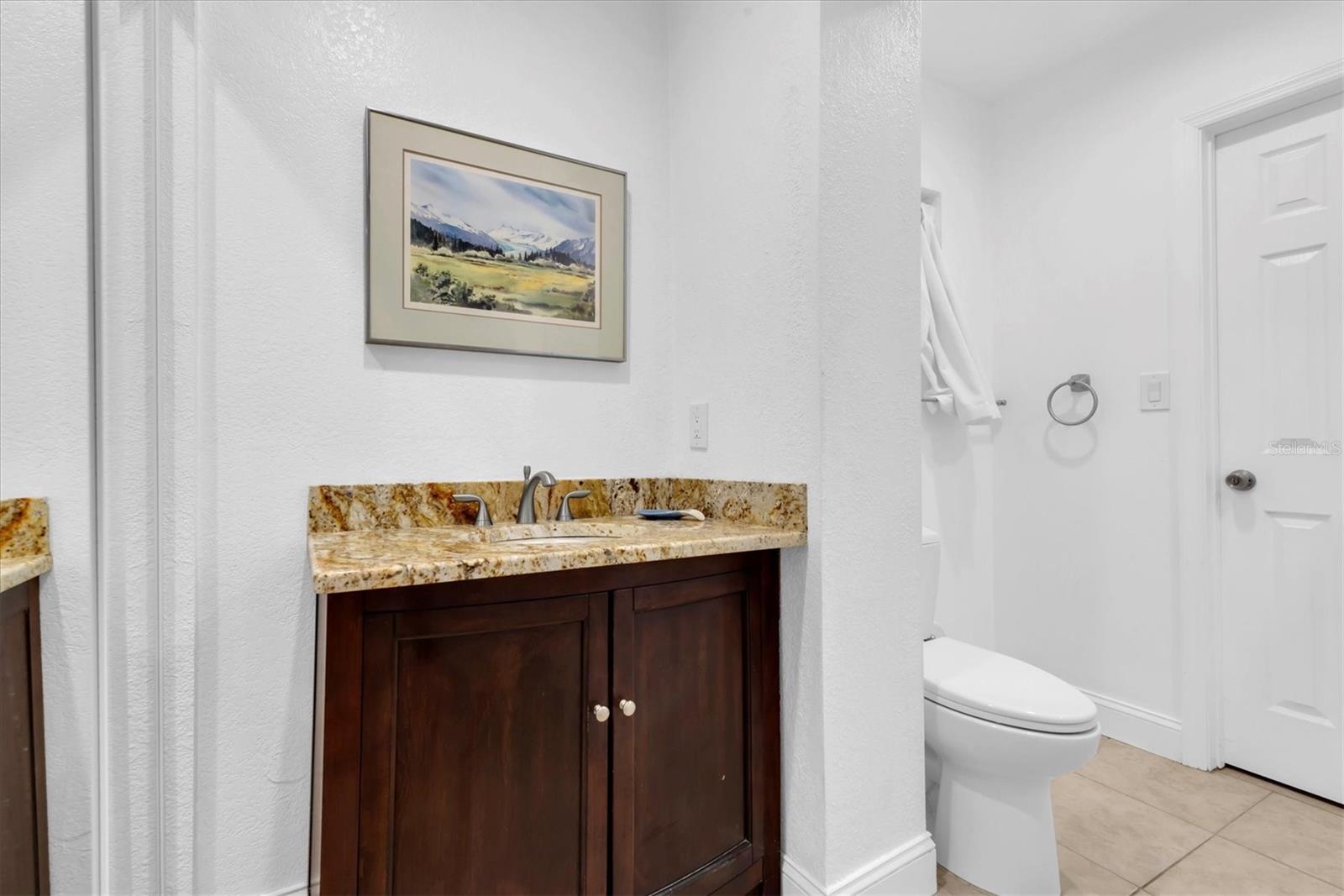 Main full bathroom with an entrance to the primary suite.  Granite counter tops on vanity, large storage closet.