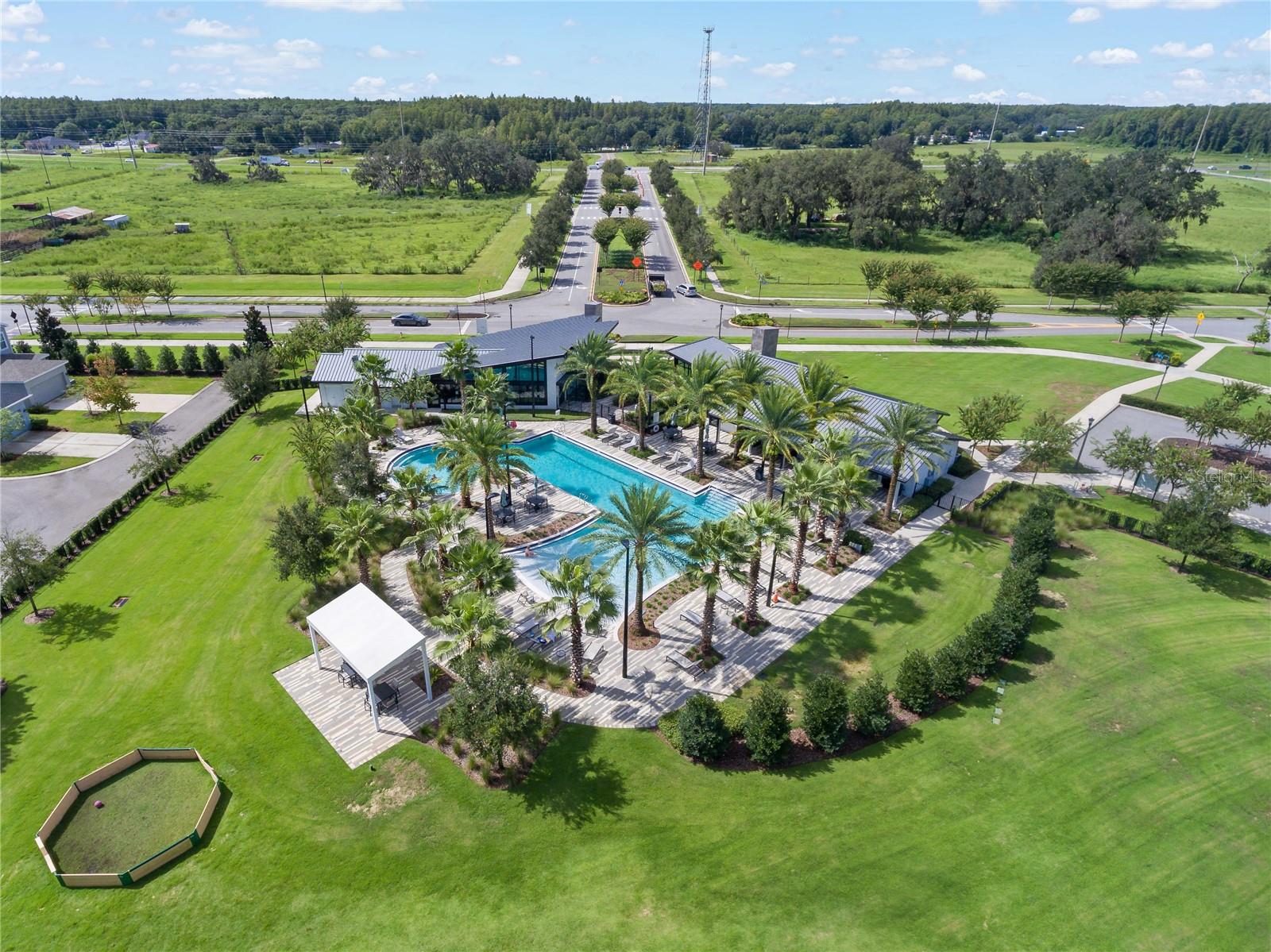 Aerial of community area with pool