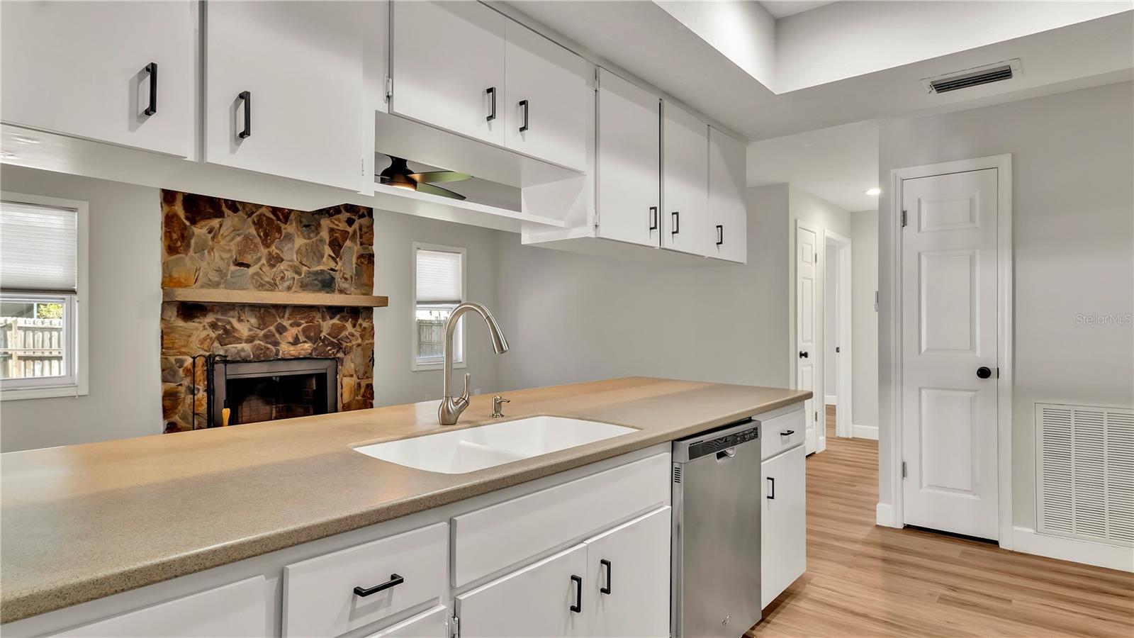 Kitchen looking towards the Family Room and Fireplace