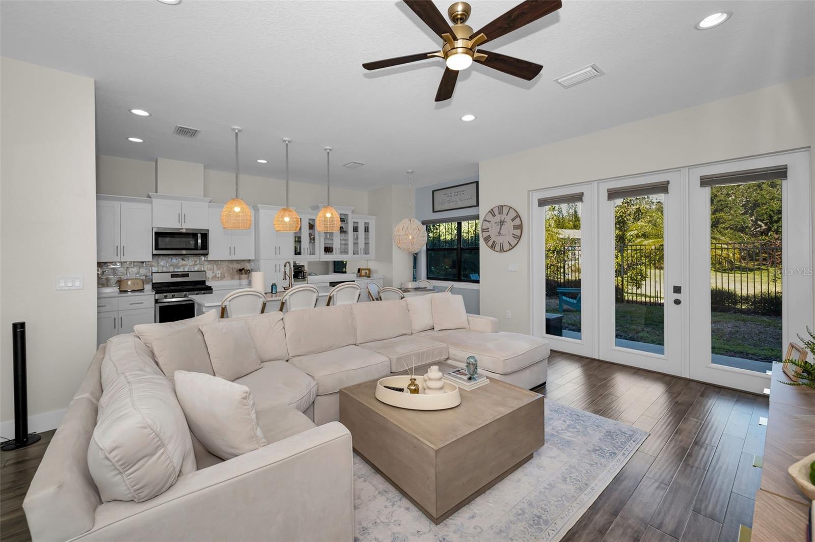 View of living room to kitchen