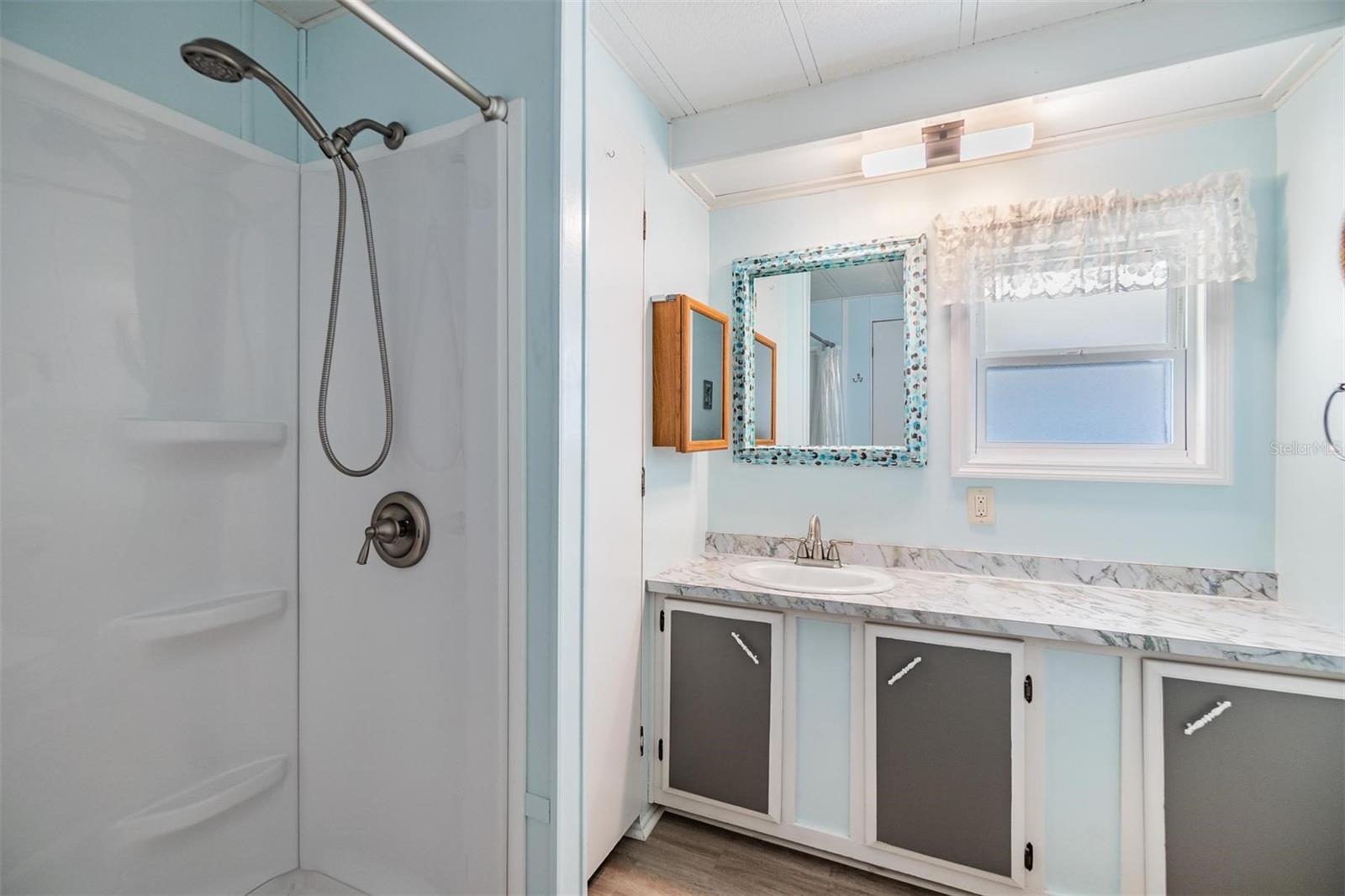 Guest bathroom has updated with step-in shower, flooring, vanity, lighting, and much more.