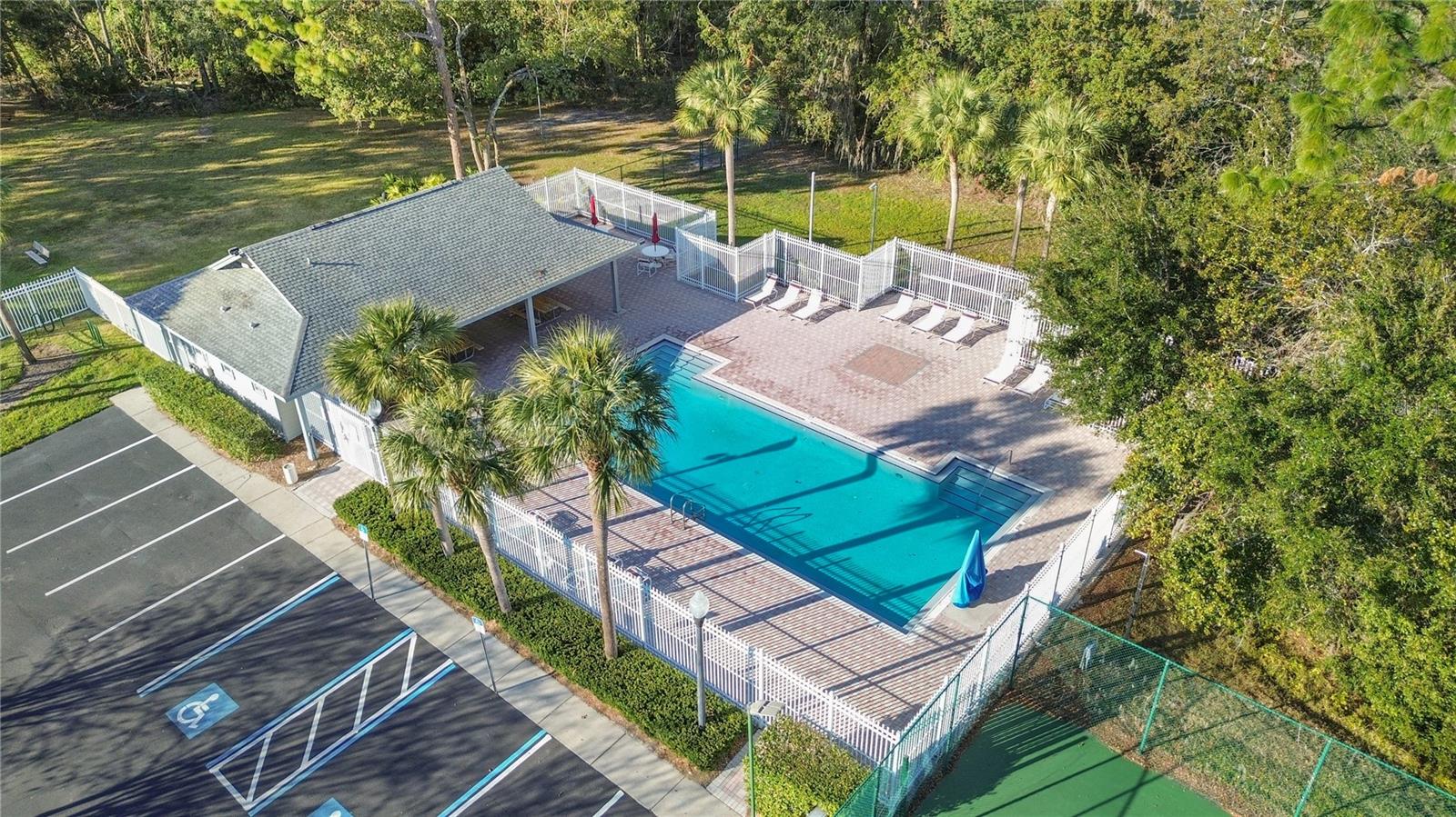 club house aerial view of pool and club house