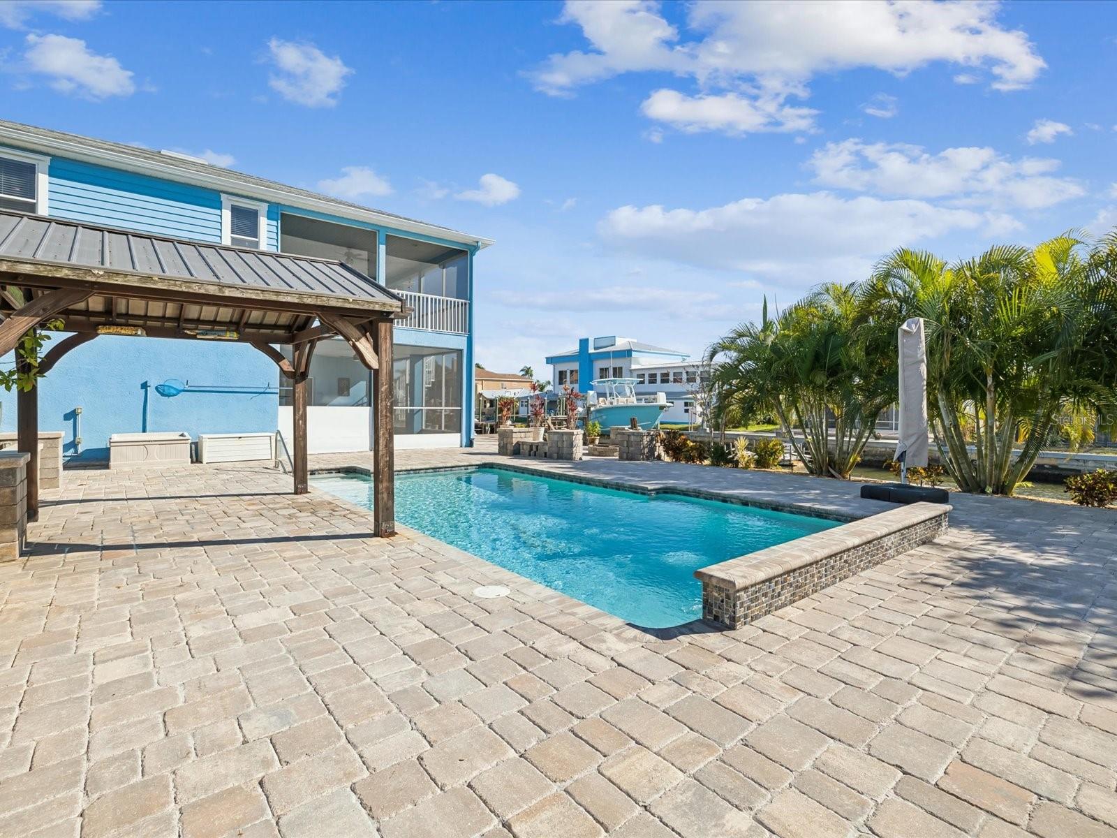 Pool and deck in the evening.