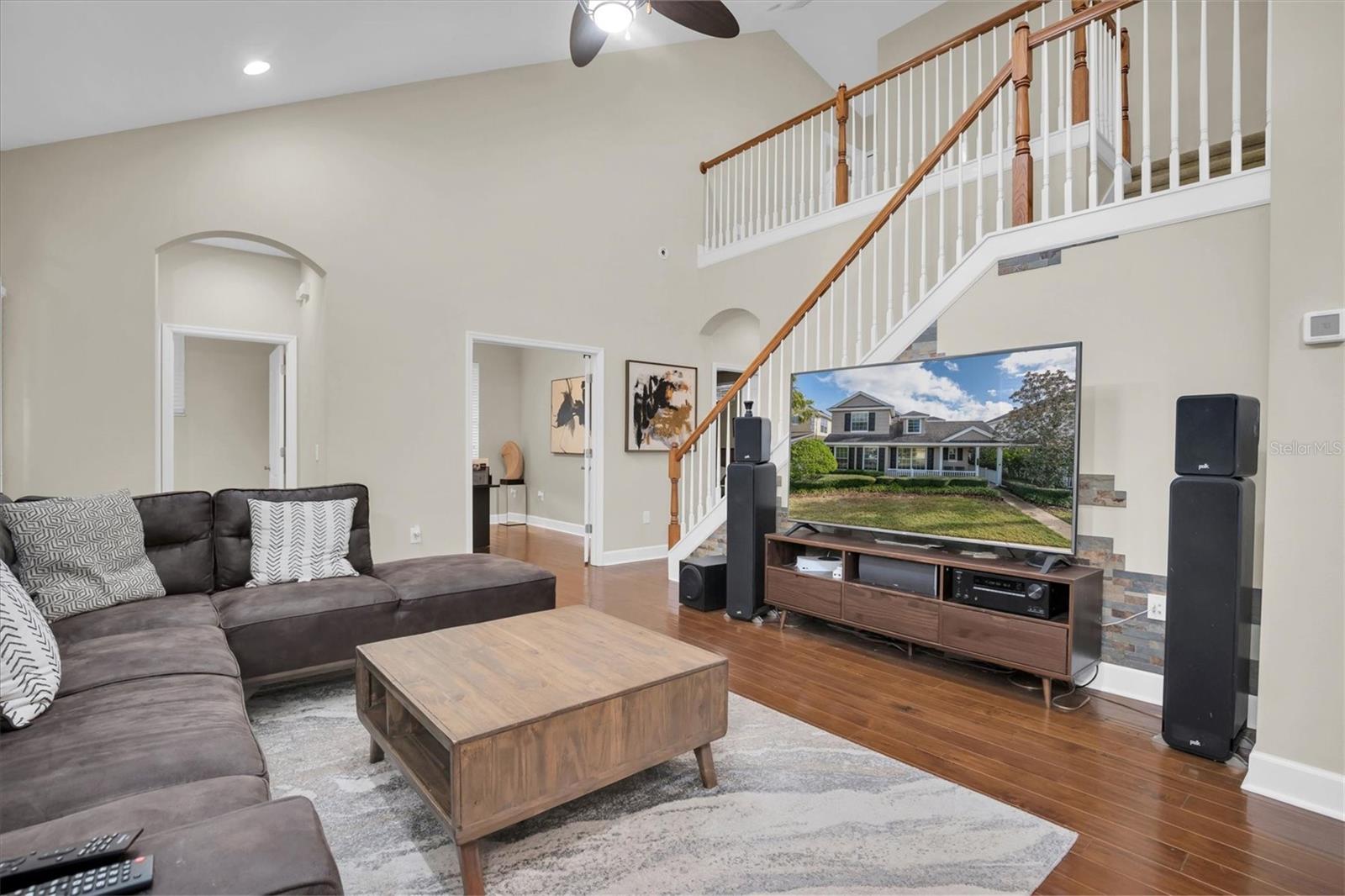 Living room with loft view