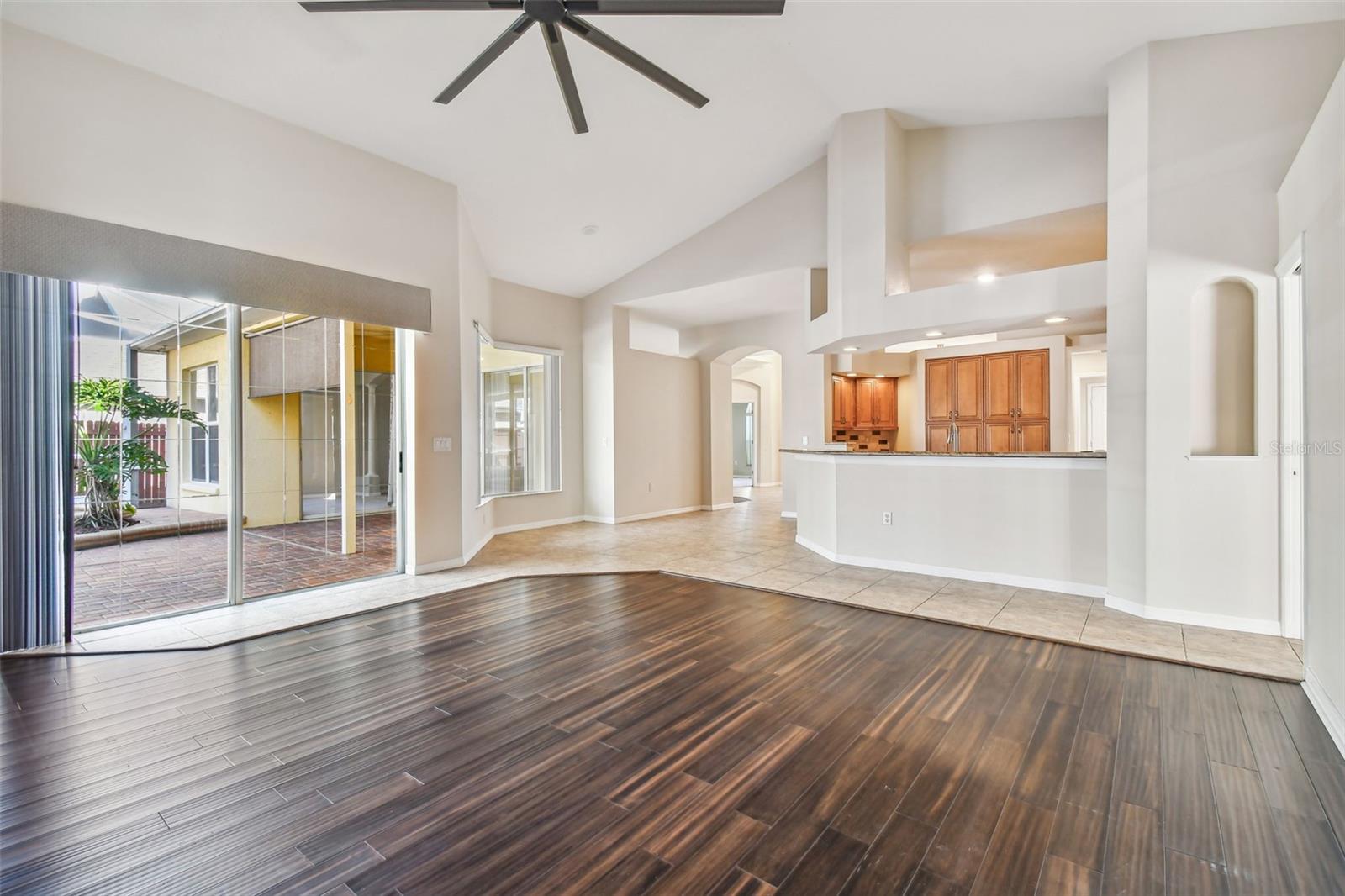 View of the family room looking into the kitchen.