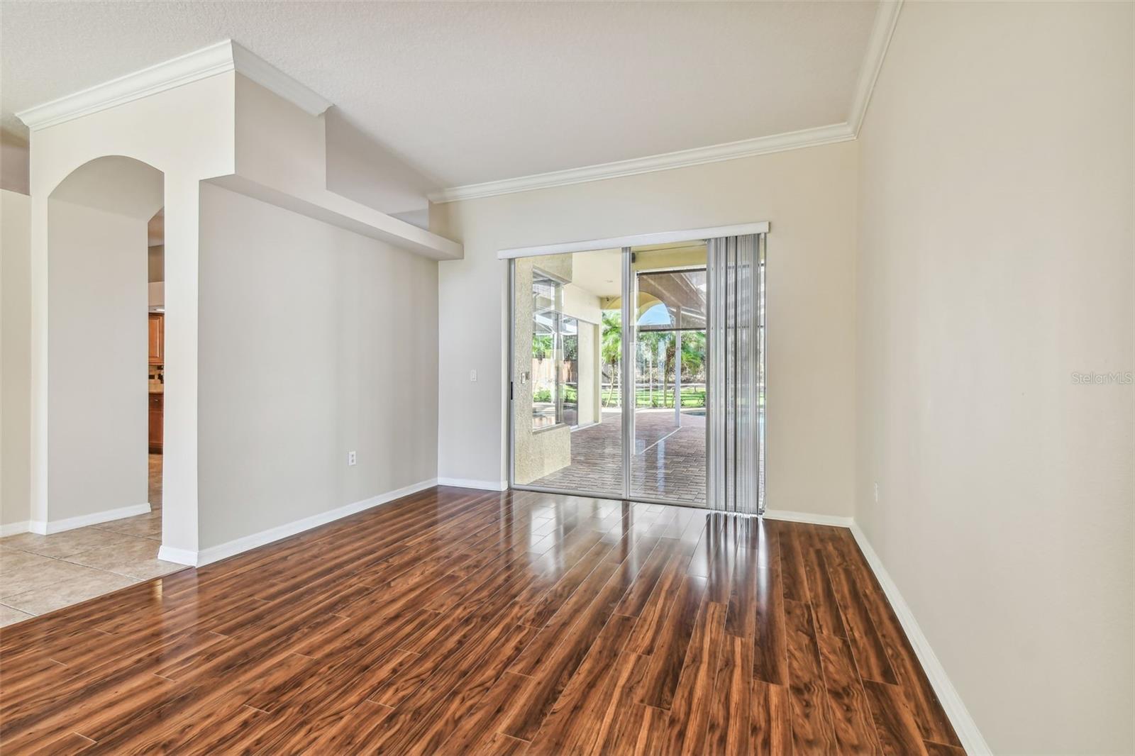 Living room with beautiful flooring.