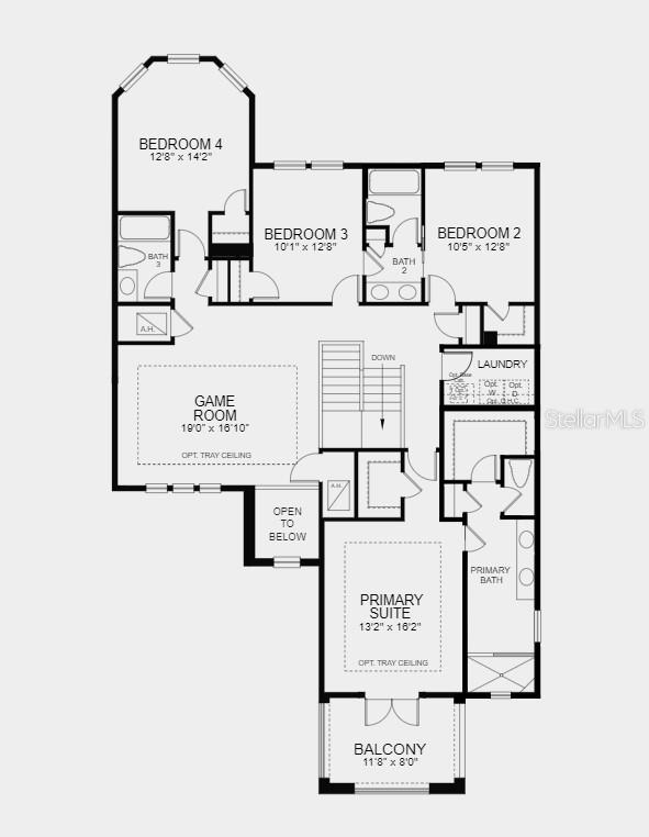 Second Floor Plan - Structural options added include; Gourmet kitchen, tray ceilings at flex space and primary suite, 5th bedroom and 4th bathroom, shower at bath 4, pocket sliding door, 8' interior doors, pre-plum for future laundry sink, and outdoor kitchen rough-in