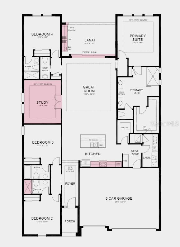 Floor Plan - Structural options added include: gourmet kitchen, study, tray ceilings at gathering room, primary suite, study and foyer, shower at bath 2, pocket sliding glass door, 8' interior doors, pre-plumb and install laundry sink and faucet, outdoor kitchen with vent hood, and pool and spa prewire