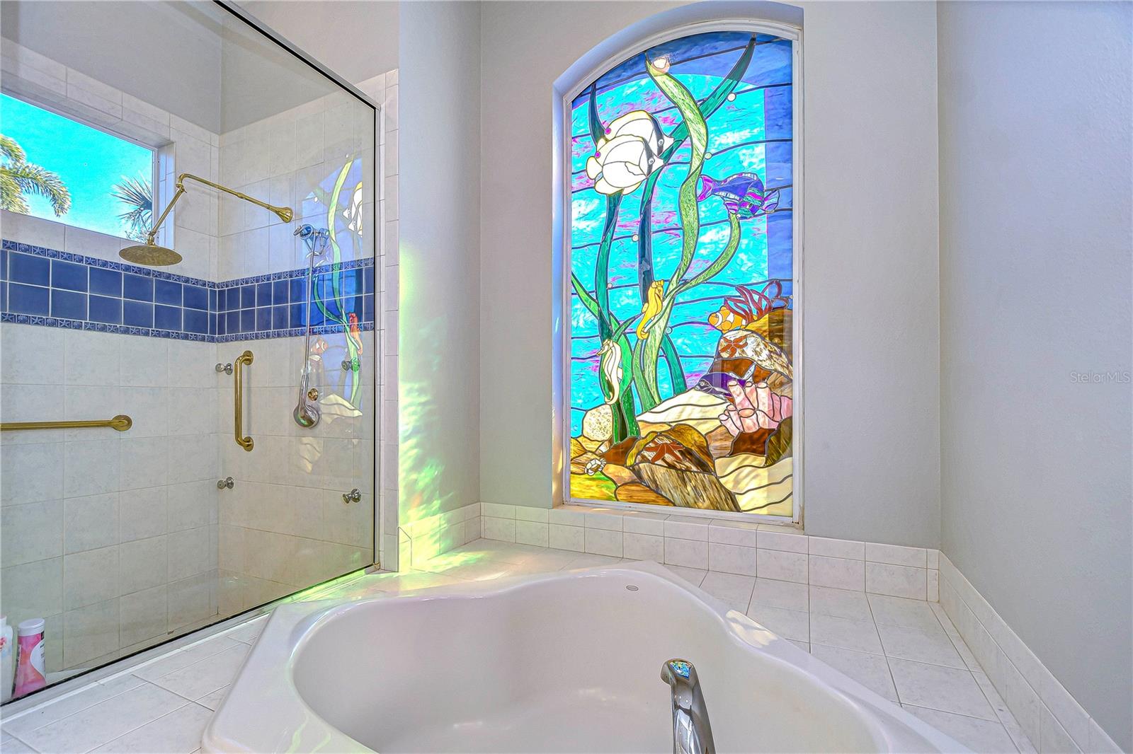 Tub, Stained Glass Window, Walk-in Shower