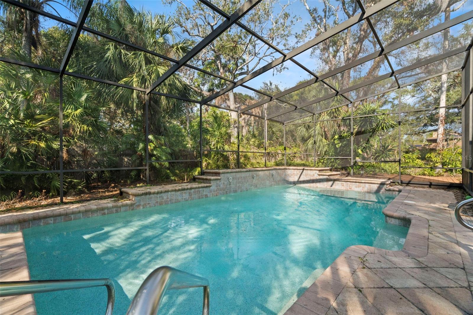 Pool with screened enclosure.