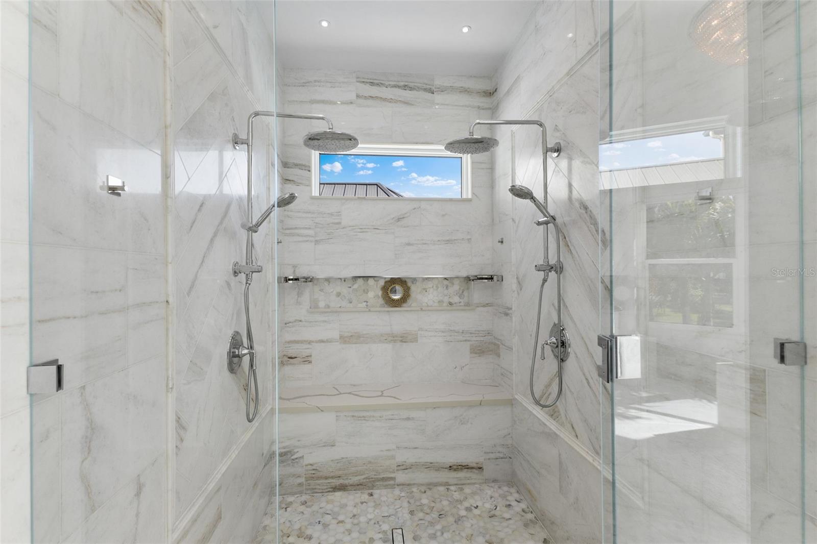 Primary Shower, Dual Rain shower heads, LED lighting in Niche