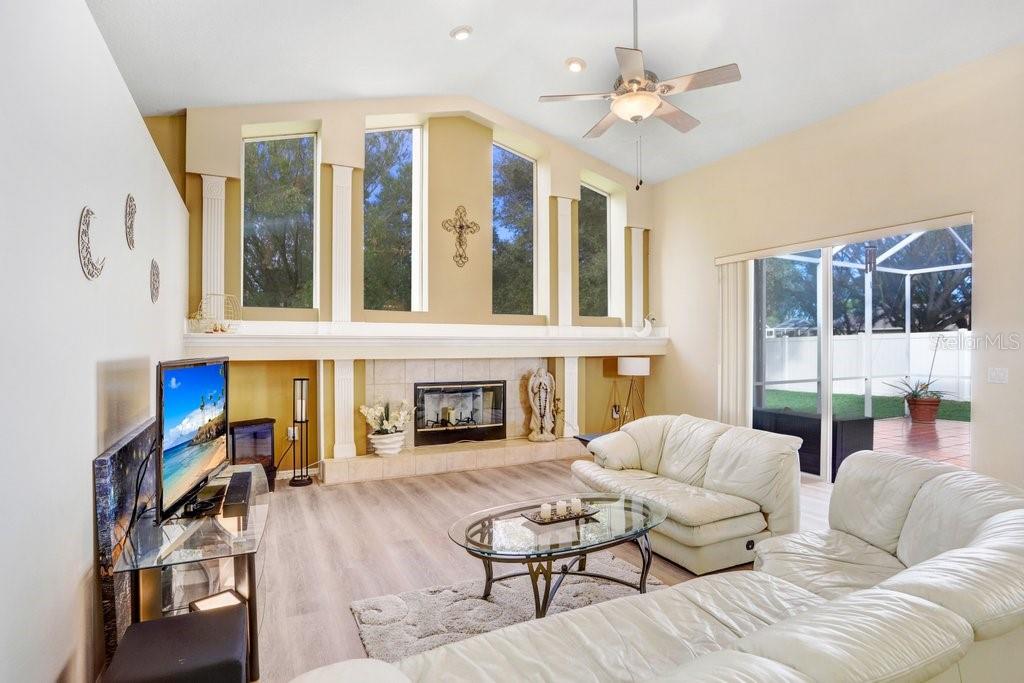 Living room with fireplace, beautiful windows for natural light.  The sliders open to the lanai