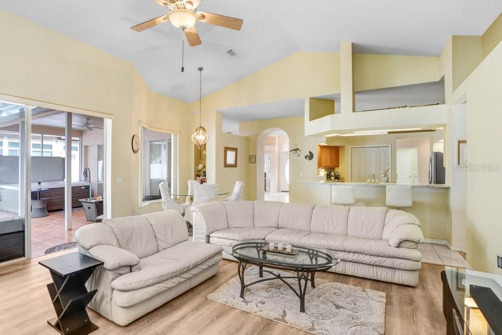 Living room with fireplace, beautiful windows for natural light.  The sliders open to the lanai