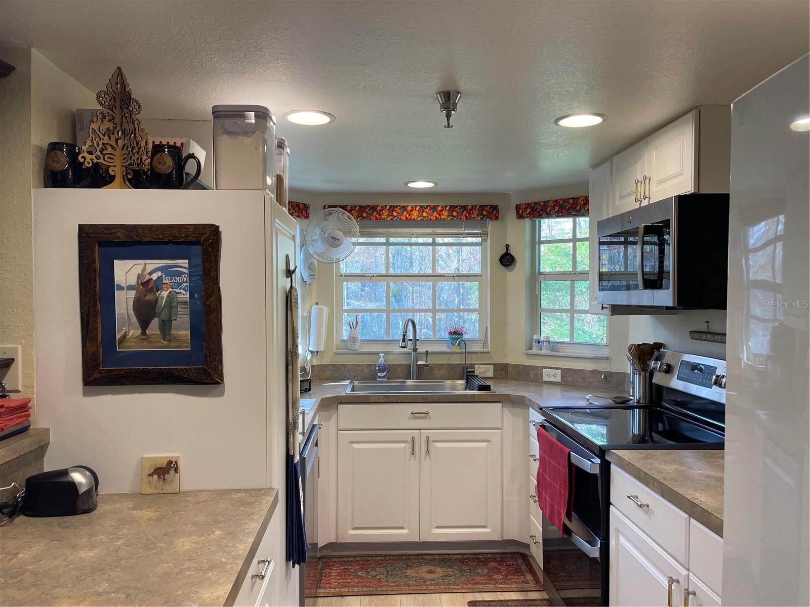 The kitchen has four windows that overlook the woods.