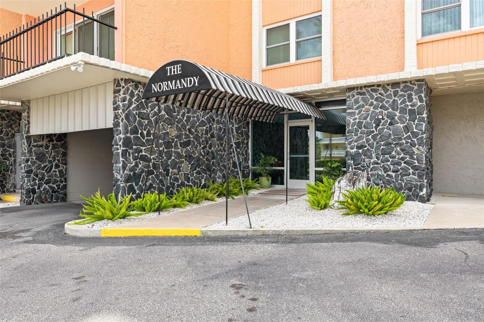 Building entrance with awning.