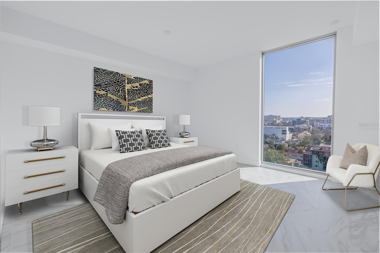 Virtually staged primary bedroom with an exceptional view