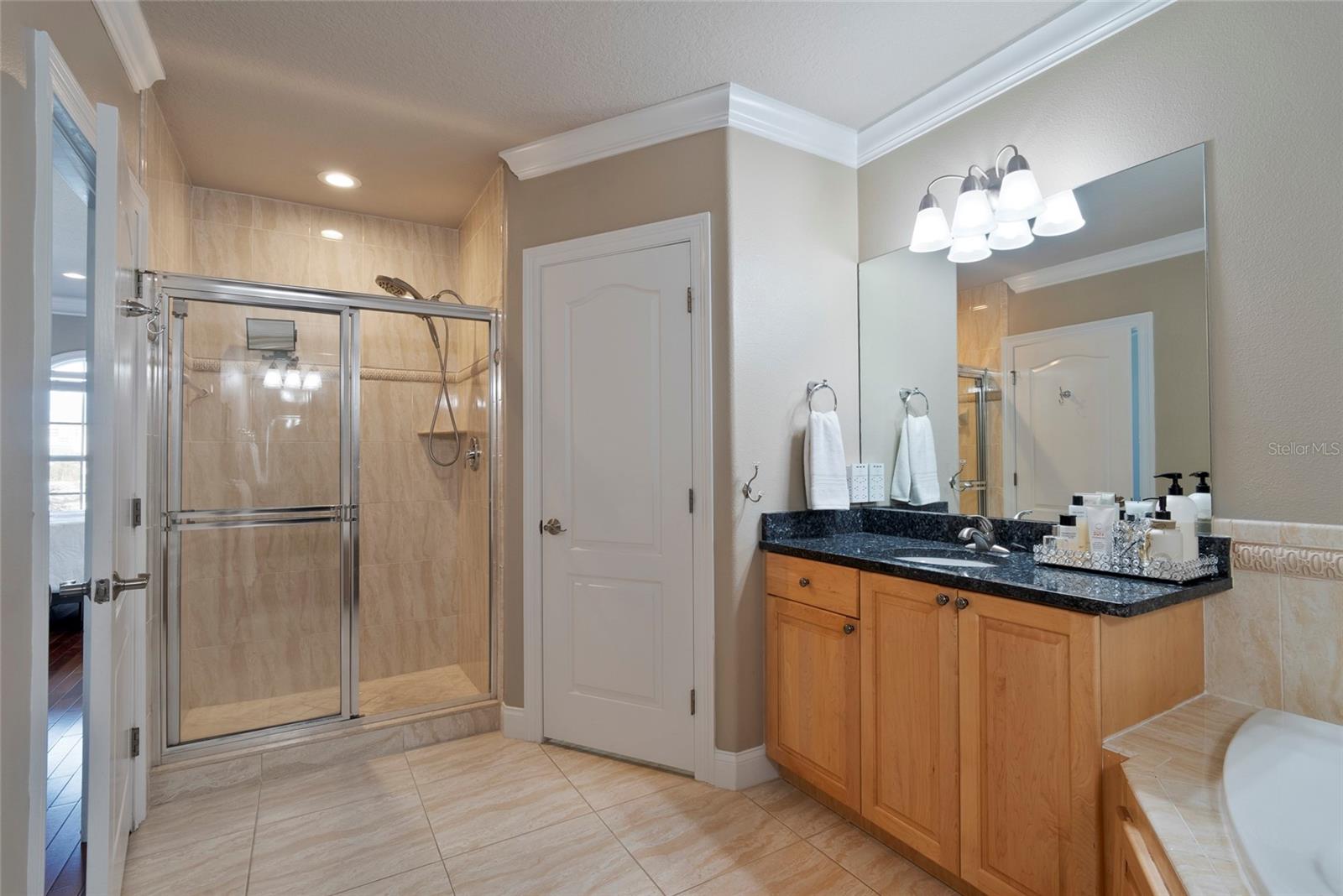 Master Bath with Dual vanities, jacuzzi garden tub, spacious shower and water closet.