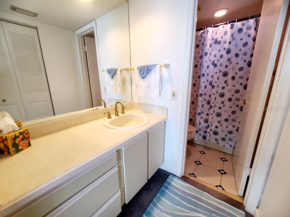 Vanity area outside of shower and tub