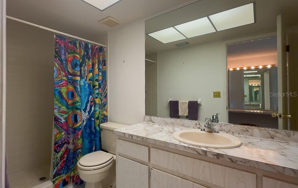 The primary bathroom features a step in shower and a mirrored vanity with storage.