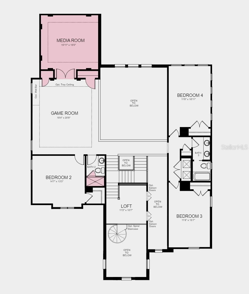 Second Floor Plan - Structural options added include: media room added upstairs, and shower added to bathroom 2 in place of a bathtub