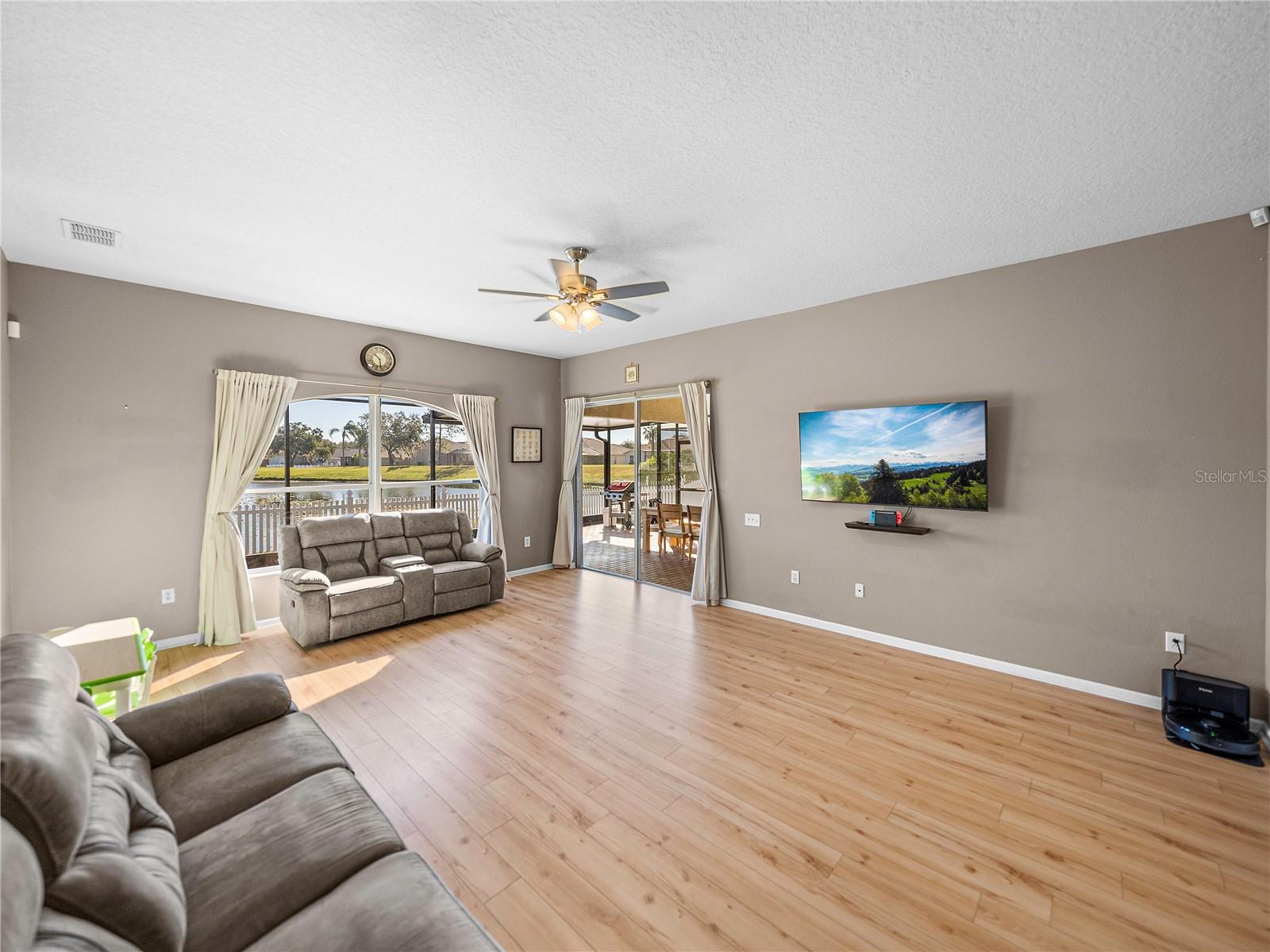 Family room has view of pond