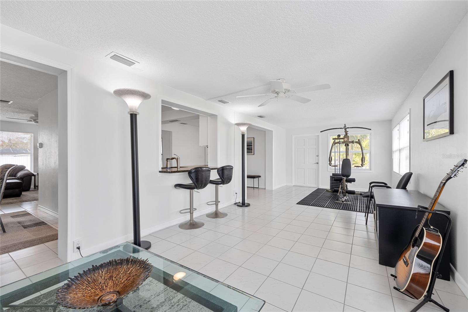 This view of the Family room shows the pass thru Breakfast Bar as well as the doorway to the back patio.