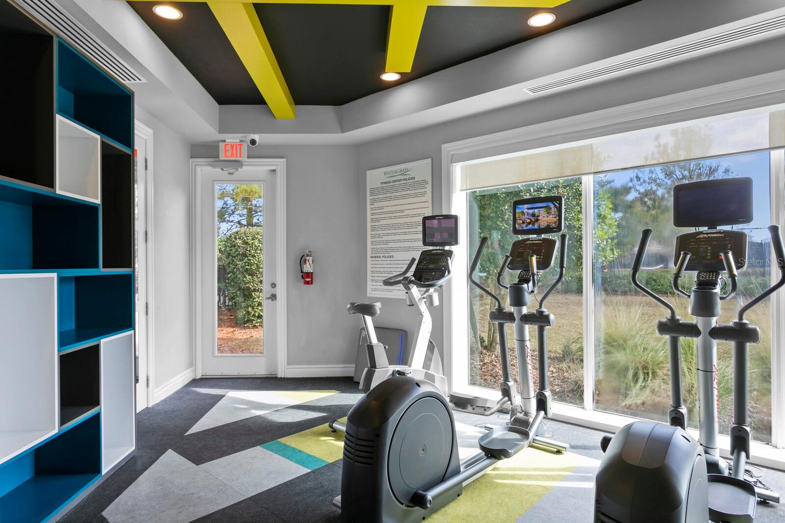 The fitness center has cardio equipment and free weights as well as a little ones observation area and full bathroom.