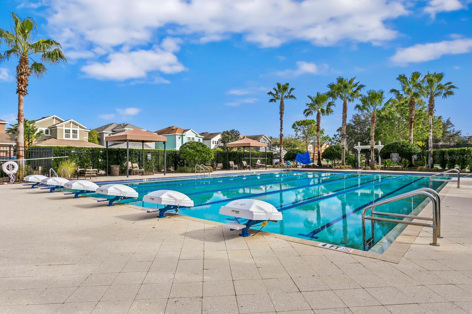 Our 6 lane Jr Olympic lap pool is great for water walking, swimming, as well and hanging at the pool side cabanas.