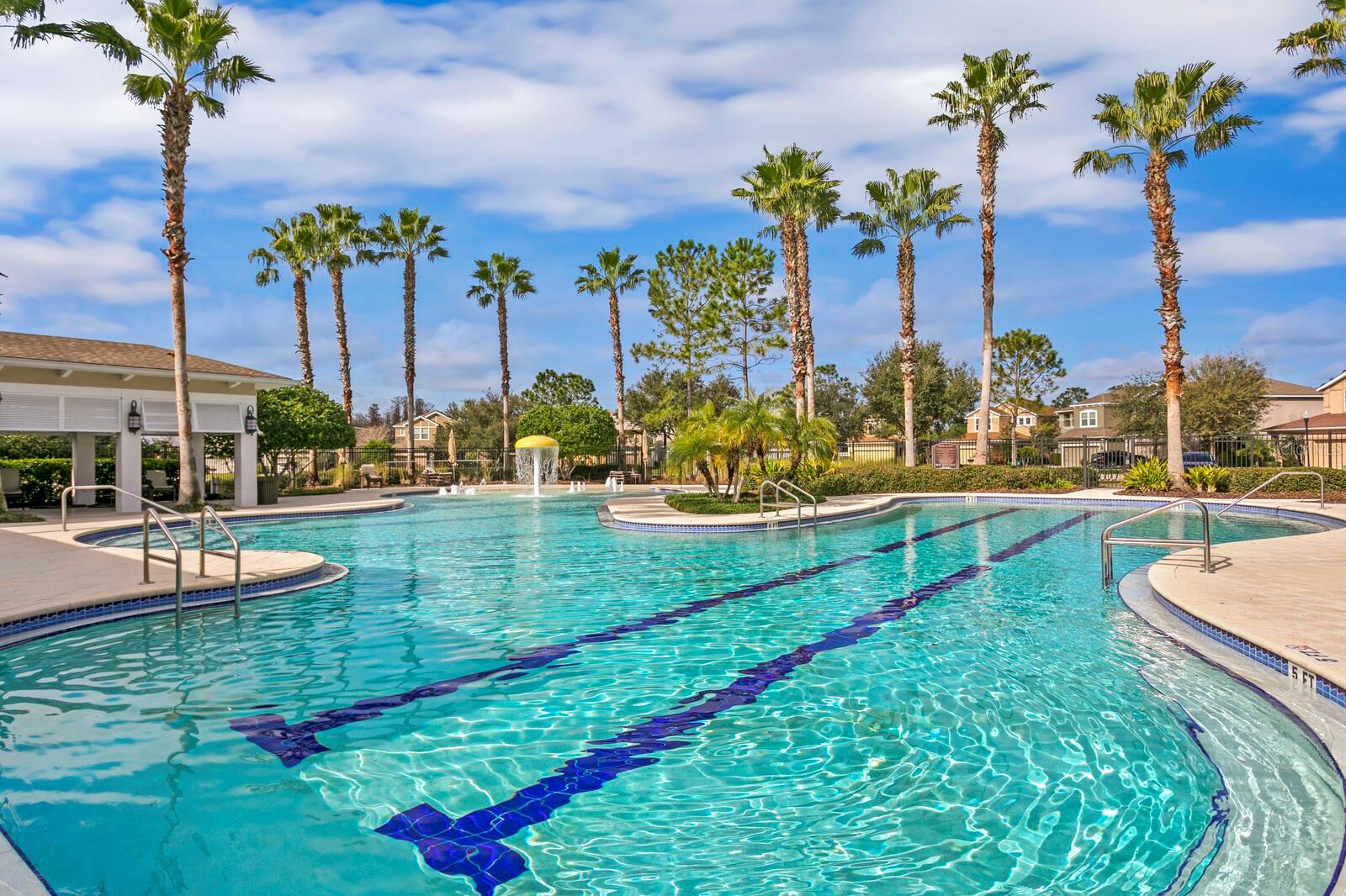 The resort pool has 2 shallow areas and a deep end.