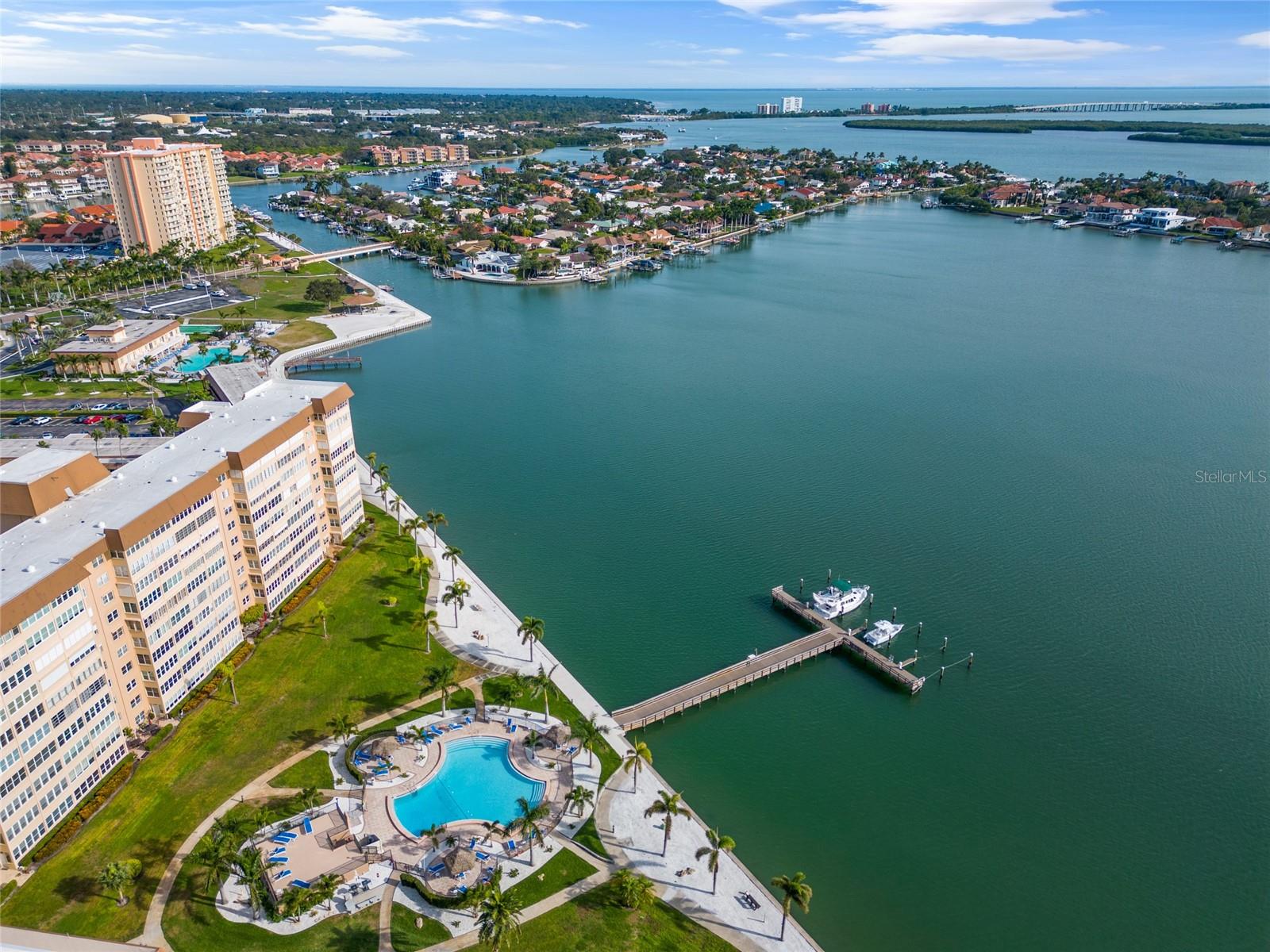 Aerial view from the community facing southeast.  Bayway Isles is the community on the other side of the water and you can see the bridge into Tierra Verde in the distance