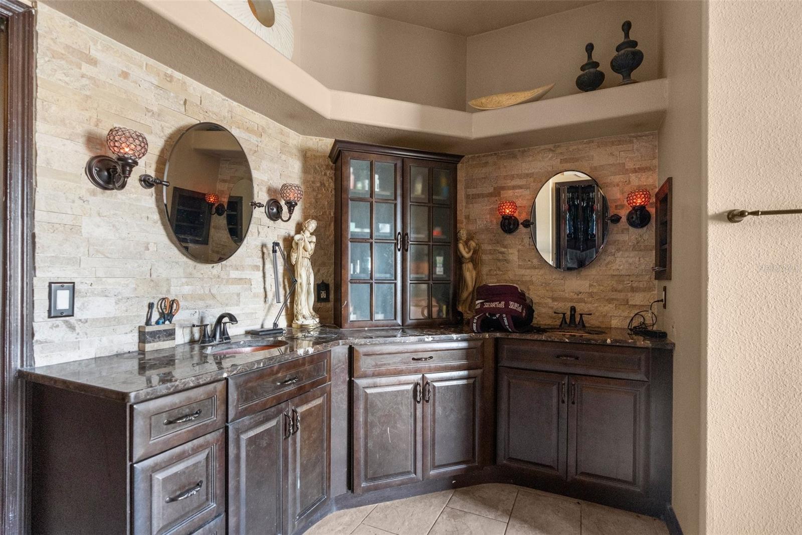 Master ensuite bathroom with dual sinks, granite countertops and real wood cabinets!