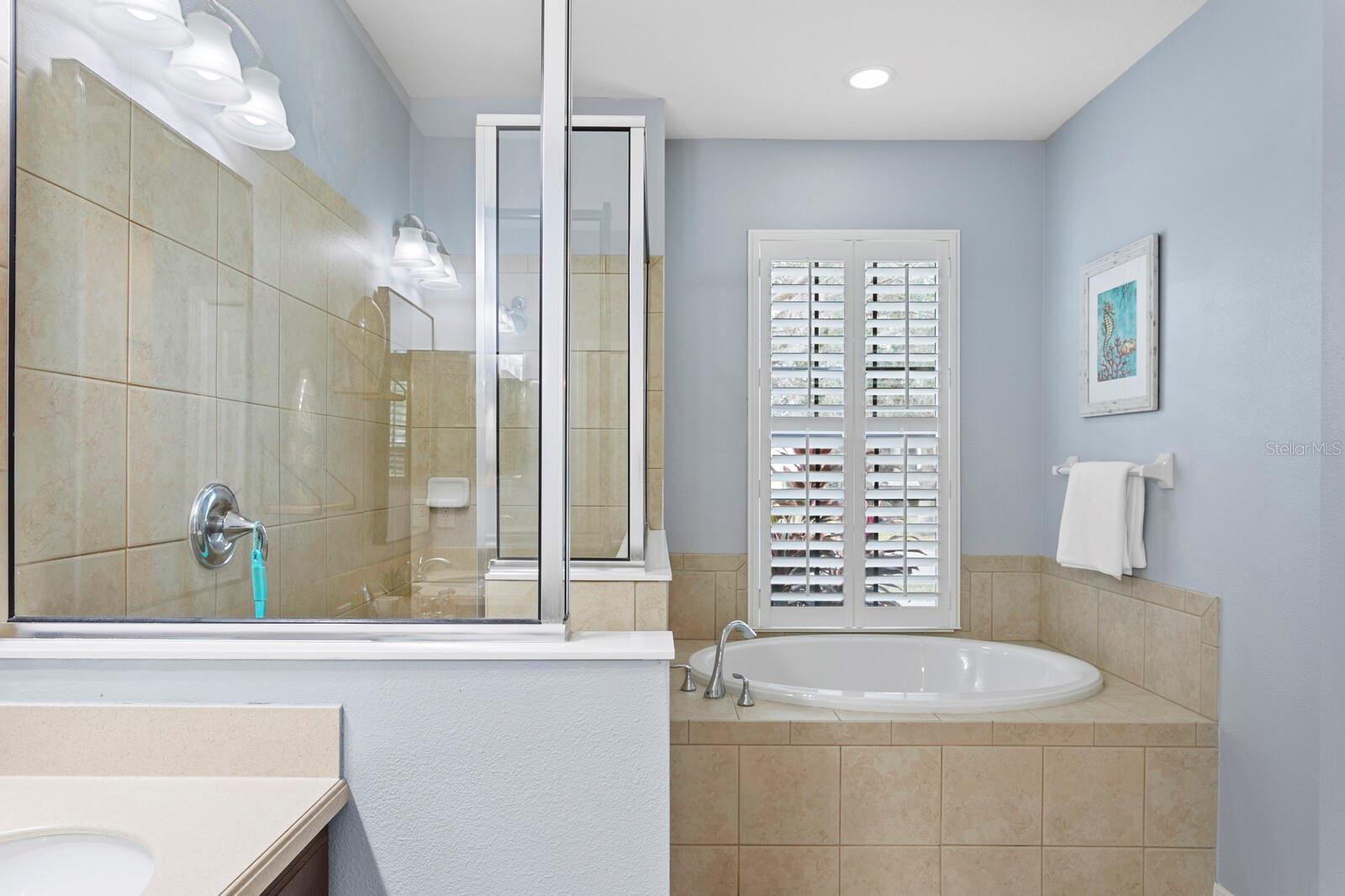 Walk-in shower and garden tub in the primary bath