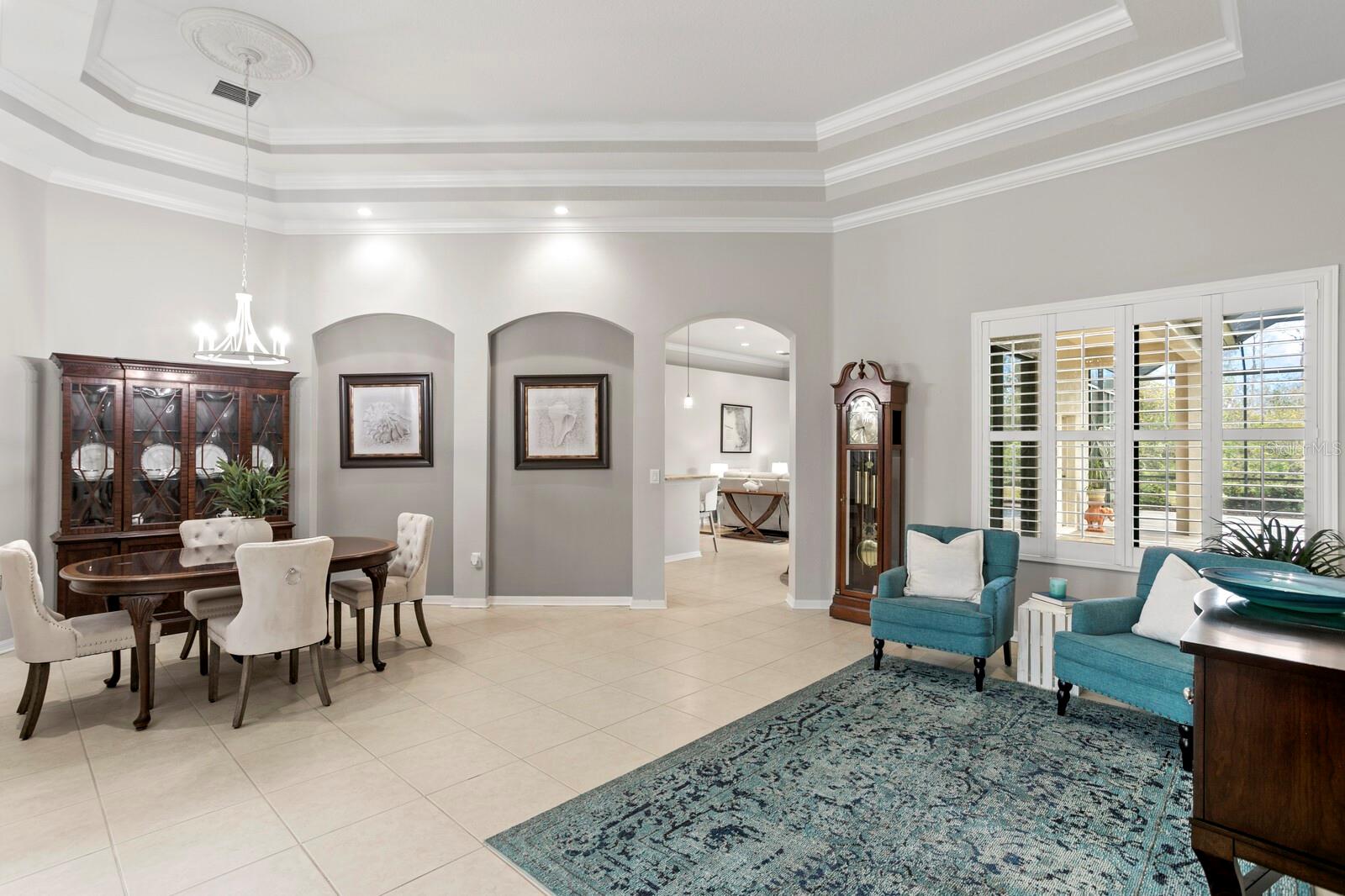 Combined living & dining rooms with double tray ceilings