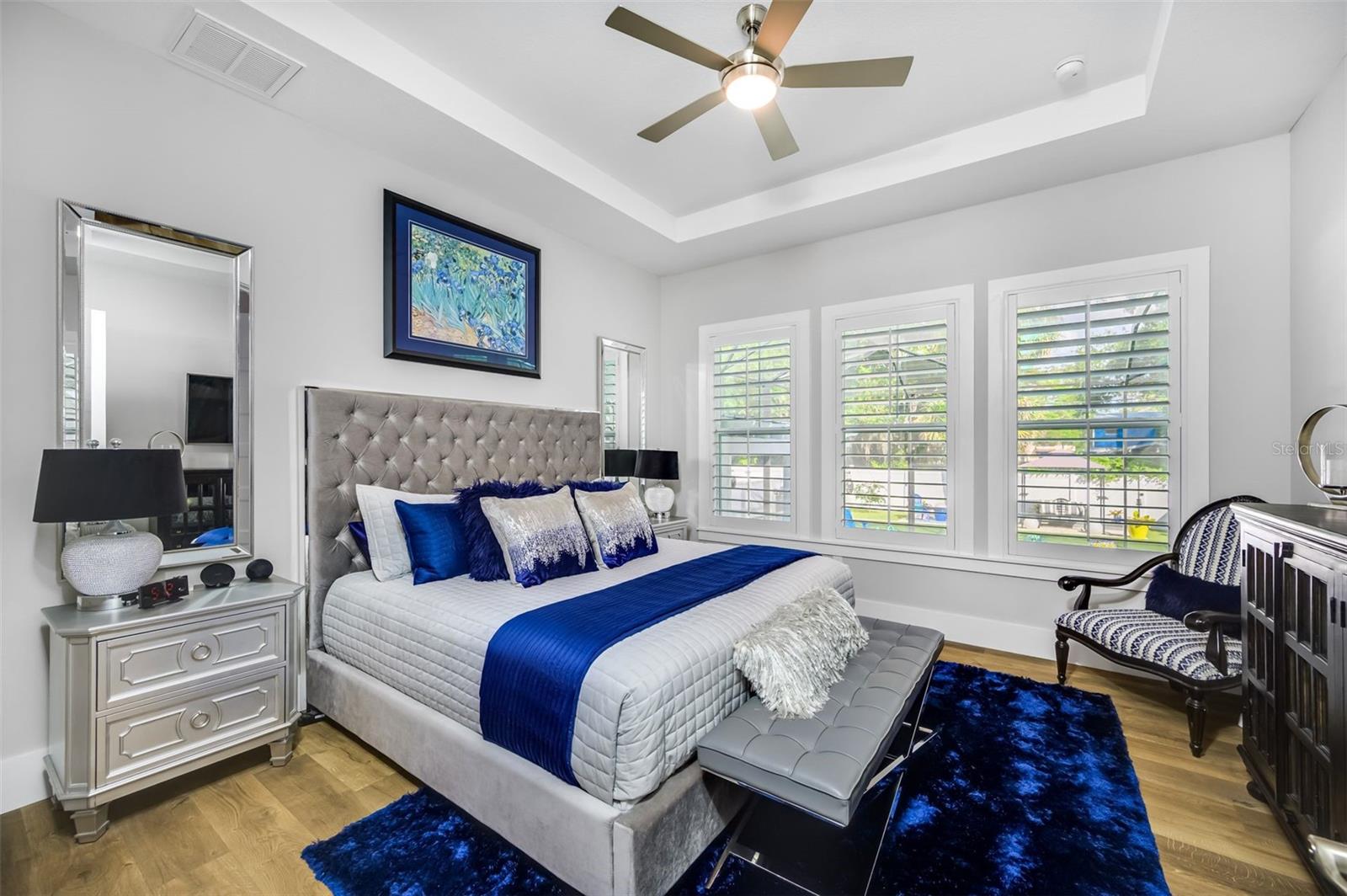 primary bedroom with tray ceiling