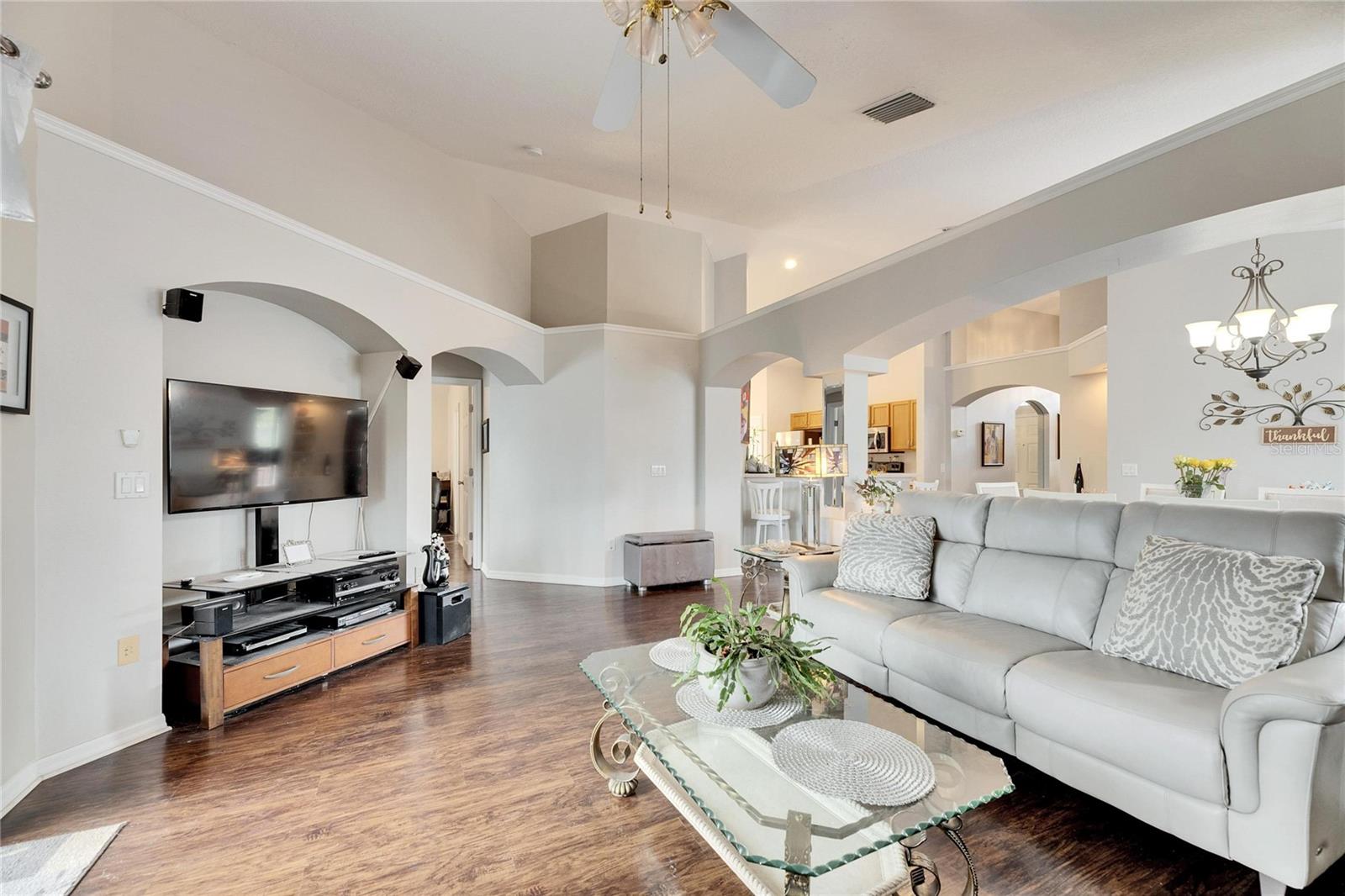 Family room with sliding glass doors to the outside patio