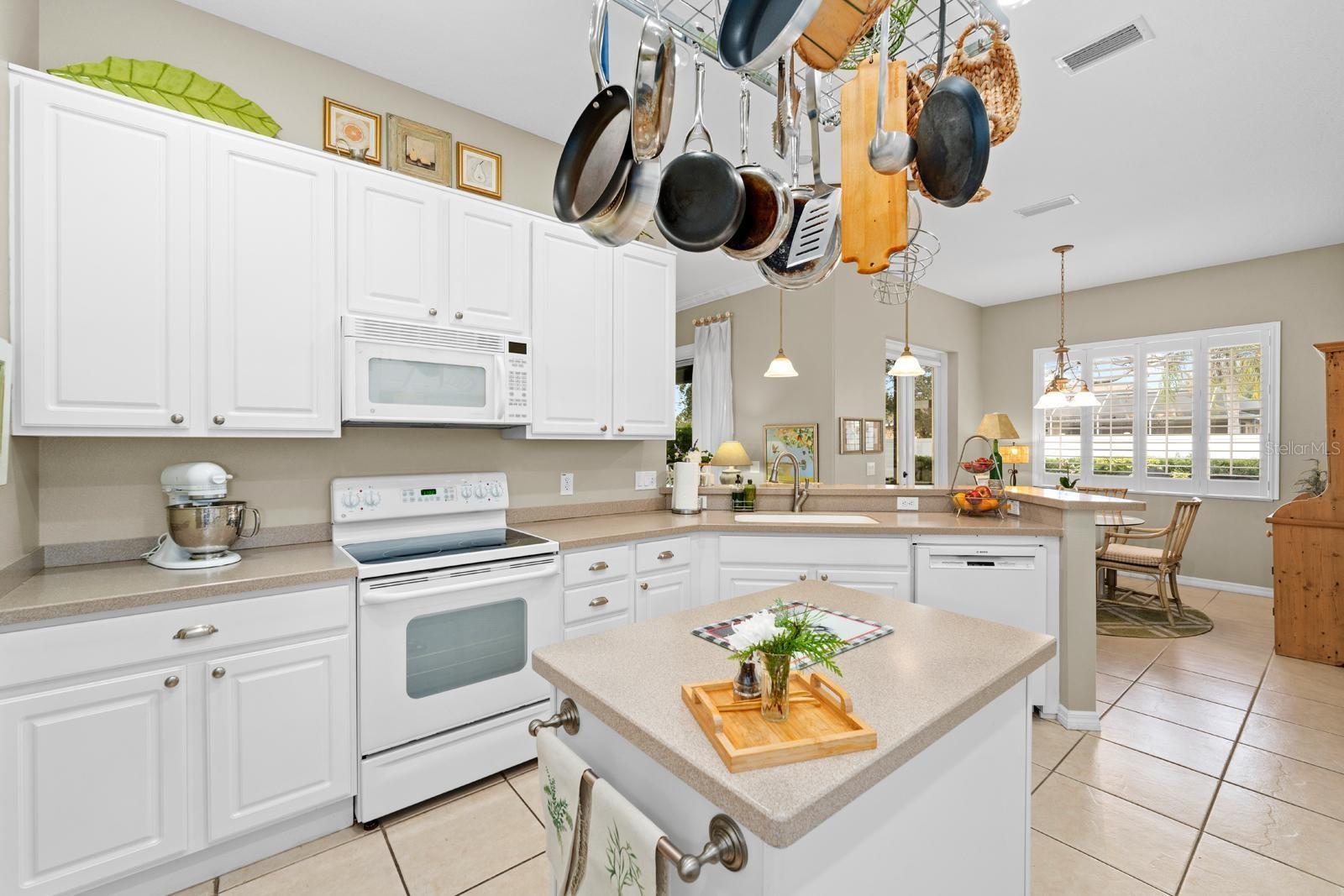 The kitchen is large and has everything a chef needs!  Solid surface counters, 42" cabinets, pullout shelves in lower cabinets, matching white appliances, a WALK-IN PANTRY, and a LARGE FARM SINK!  The hanging pot holder can stay if a buyer wishes.