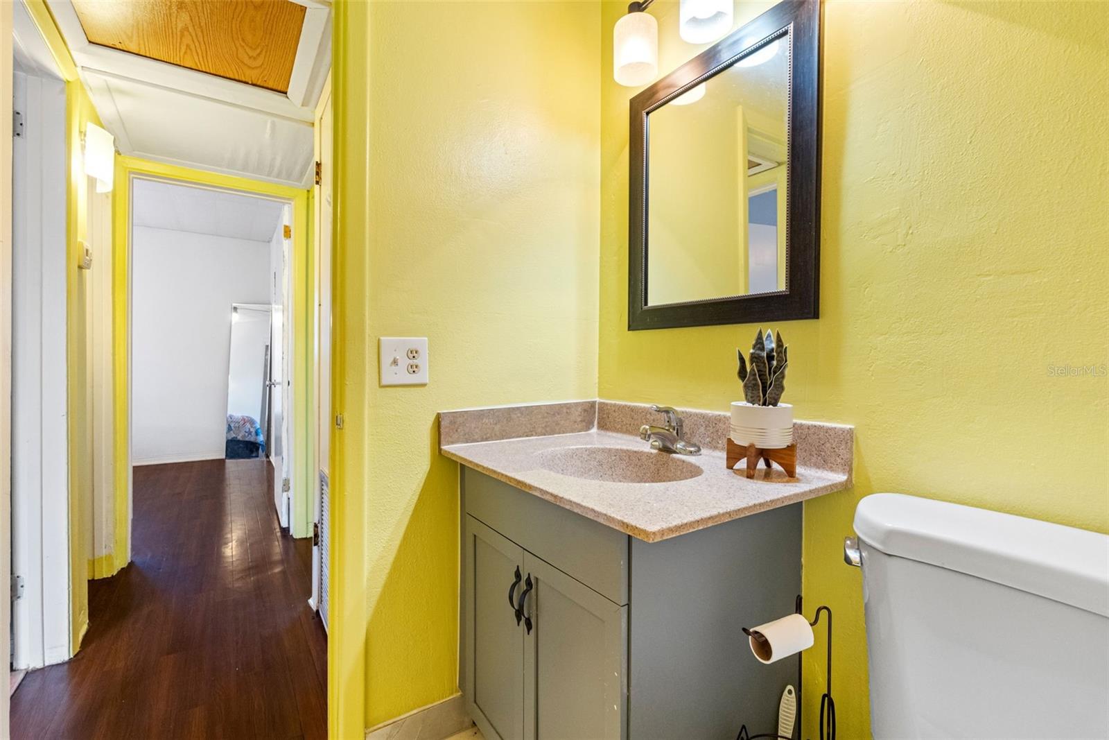 Bathroom with updated vanity.