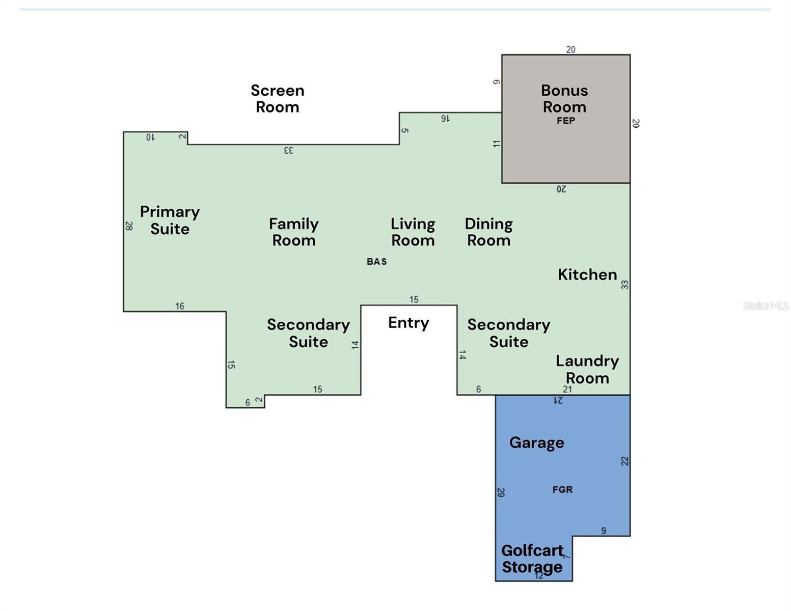 Floorplan showing bonus room and golfcart storage