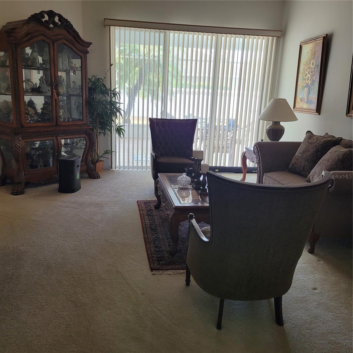 The living room is carpeted with sliding glass doors leading to the backyard.