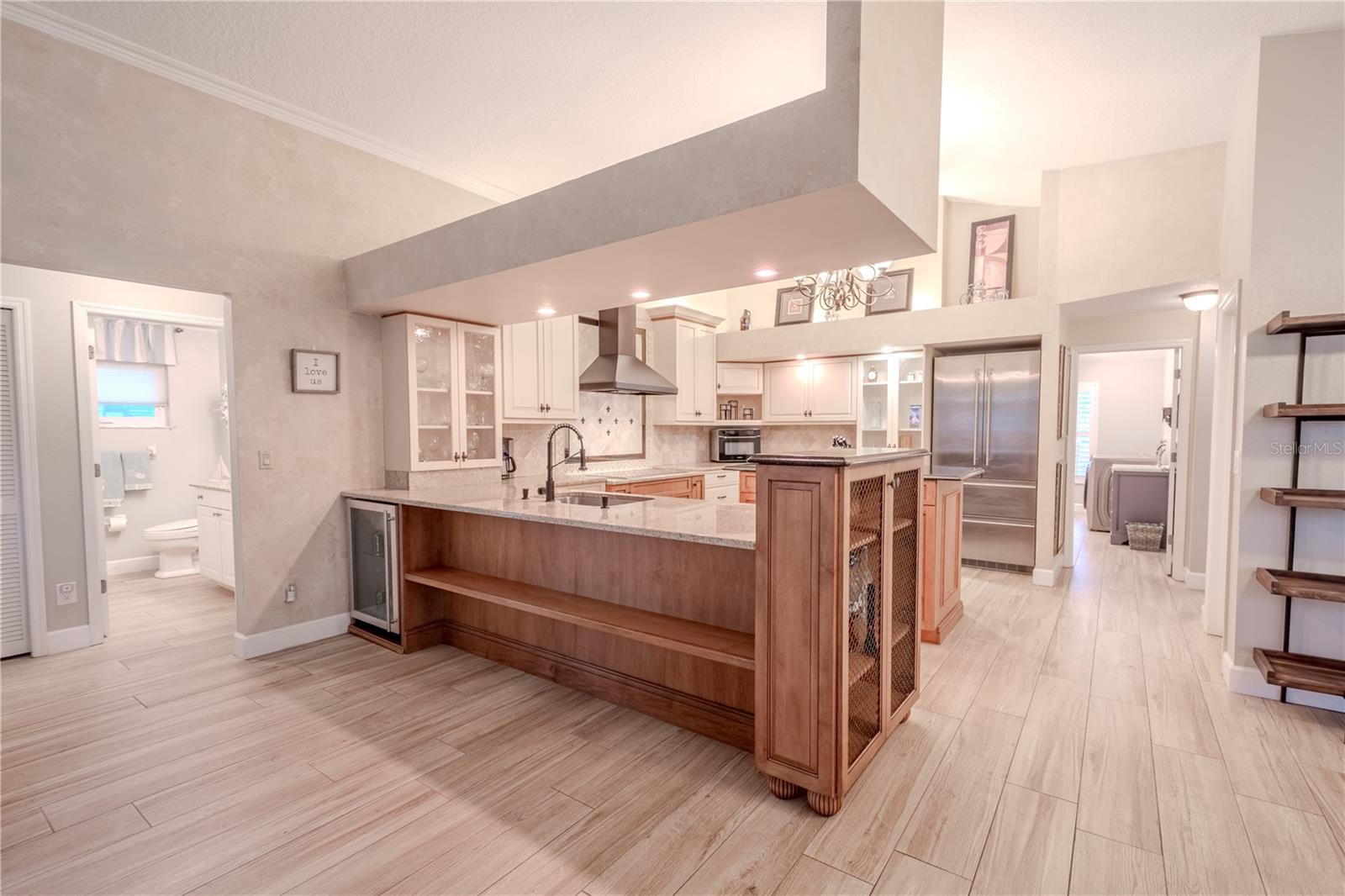 A view of the kitchen from the family room.