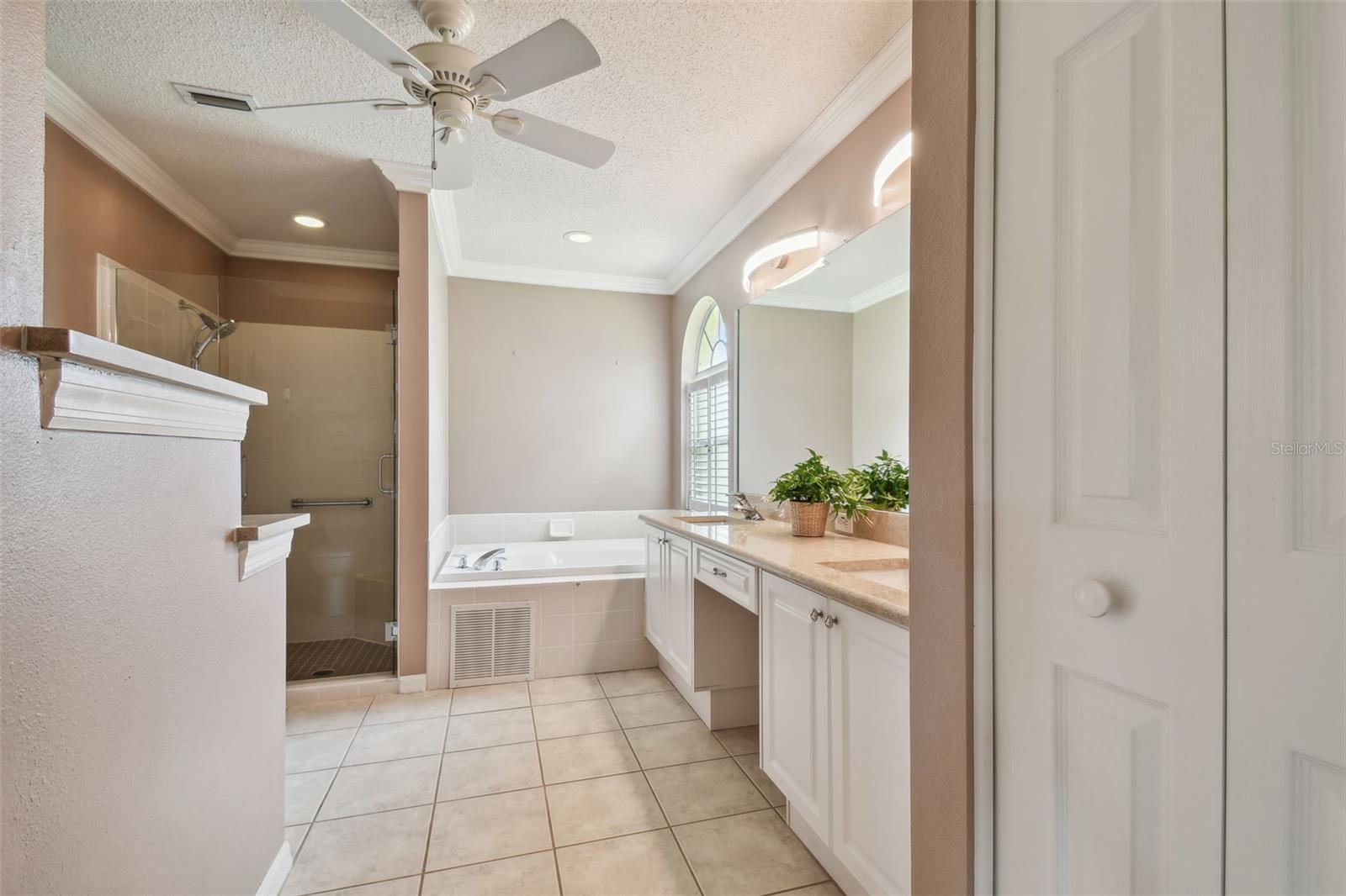 double sinks with quartz counters with undermount sinks, separate tub and shower.