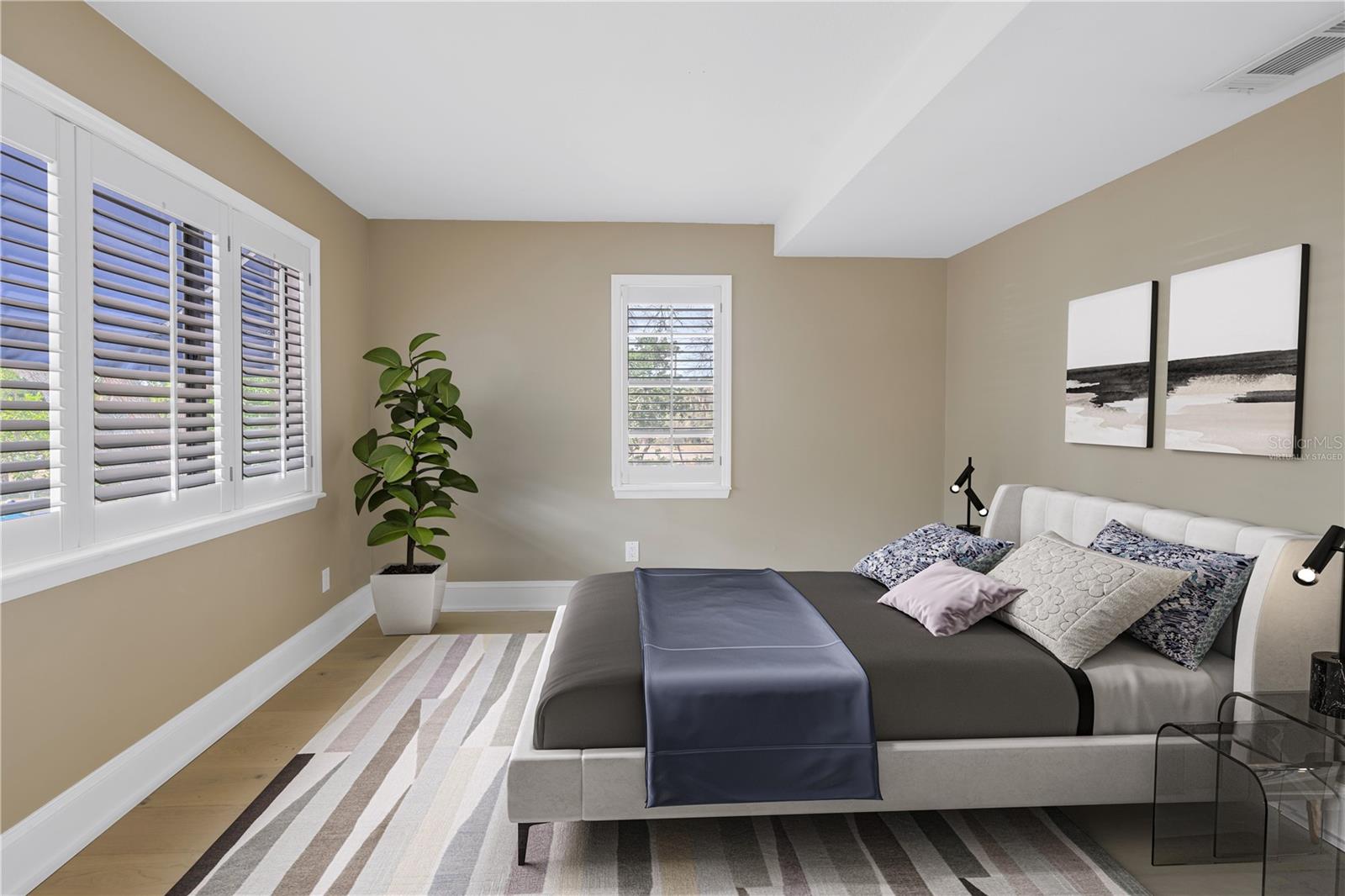 Virtually staged: second bedroom with plantation shutters