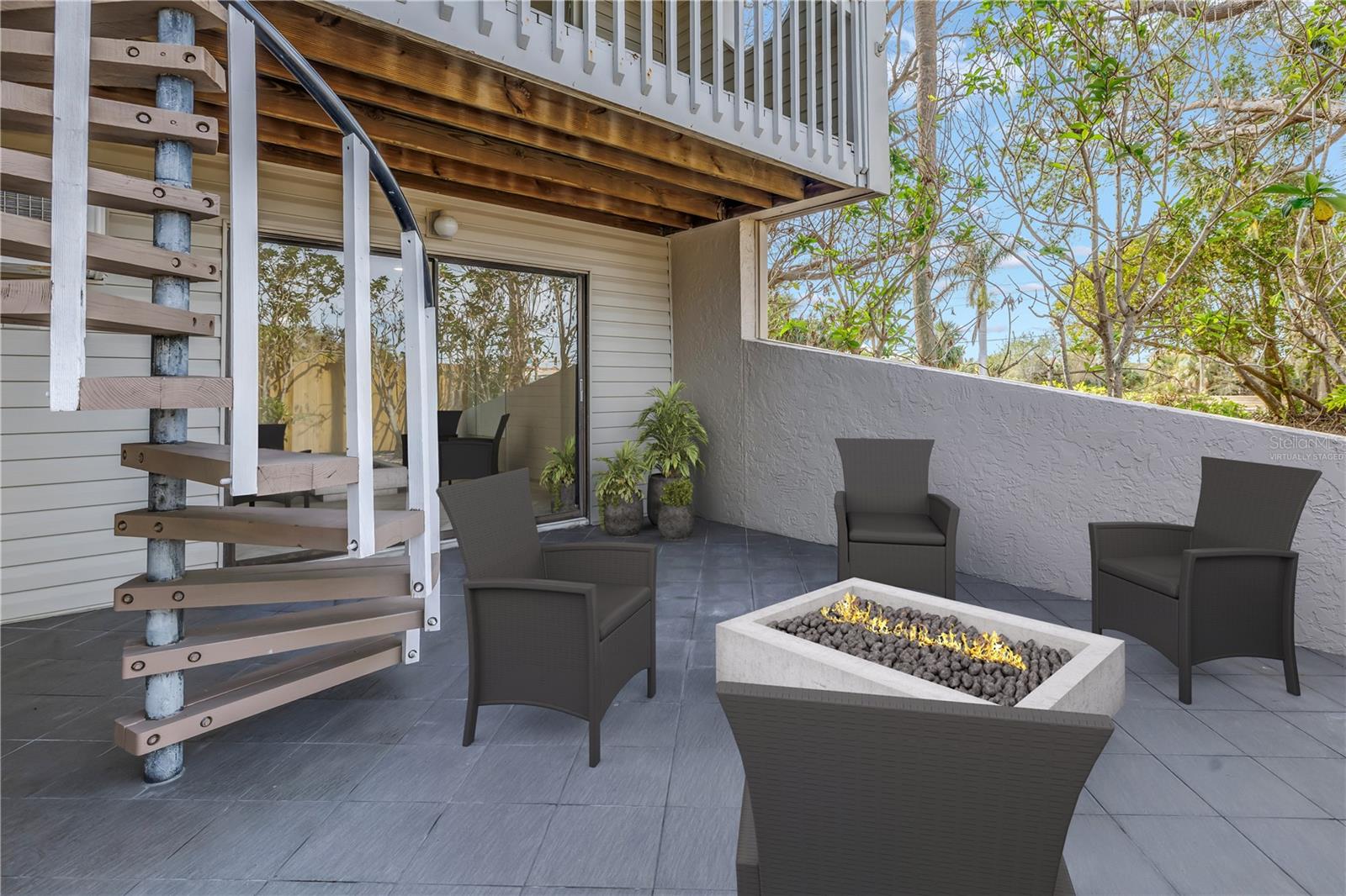 Virtually staged patio with tile flooring