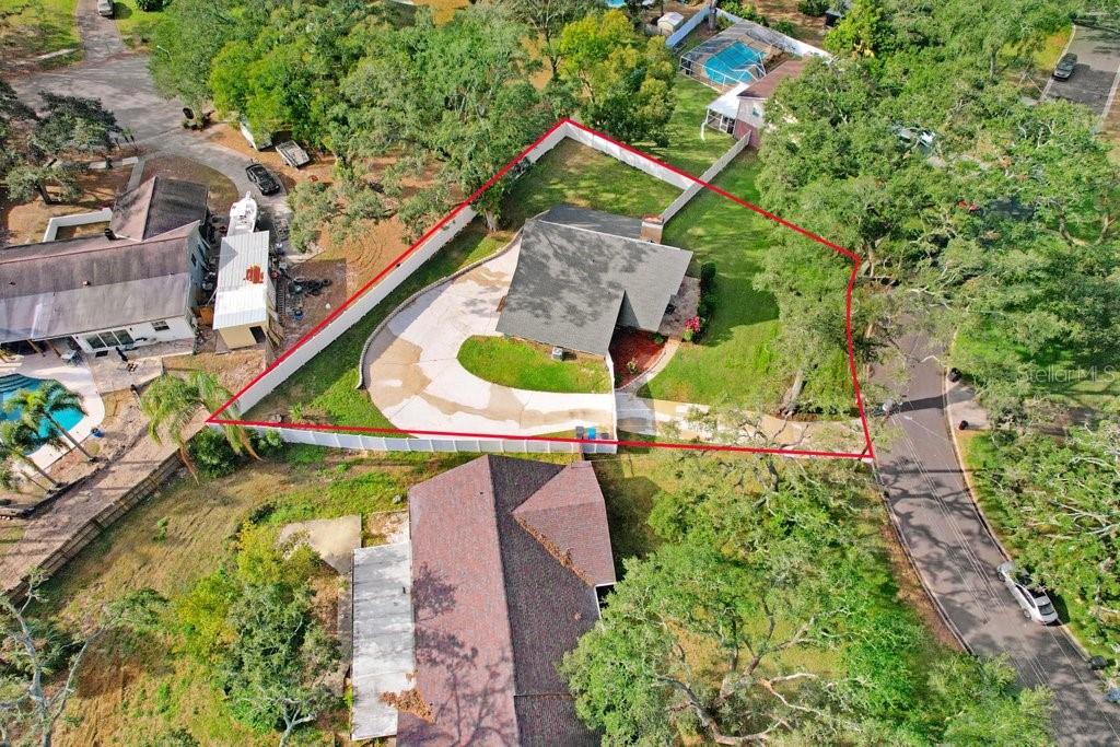 Ariel view of Lot, home and trees