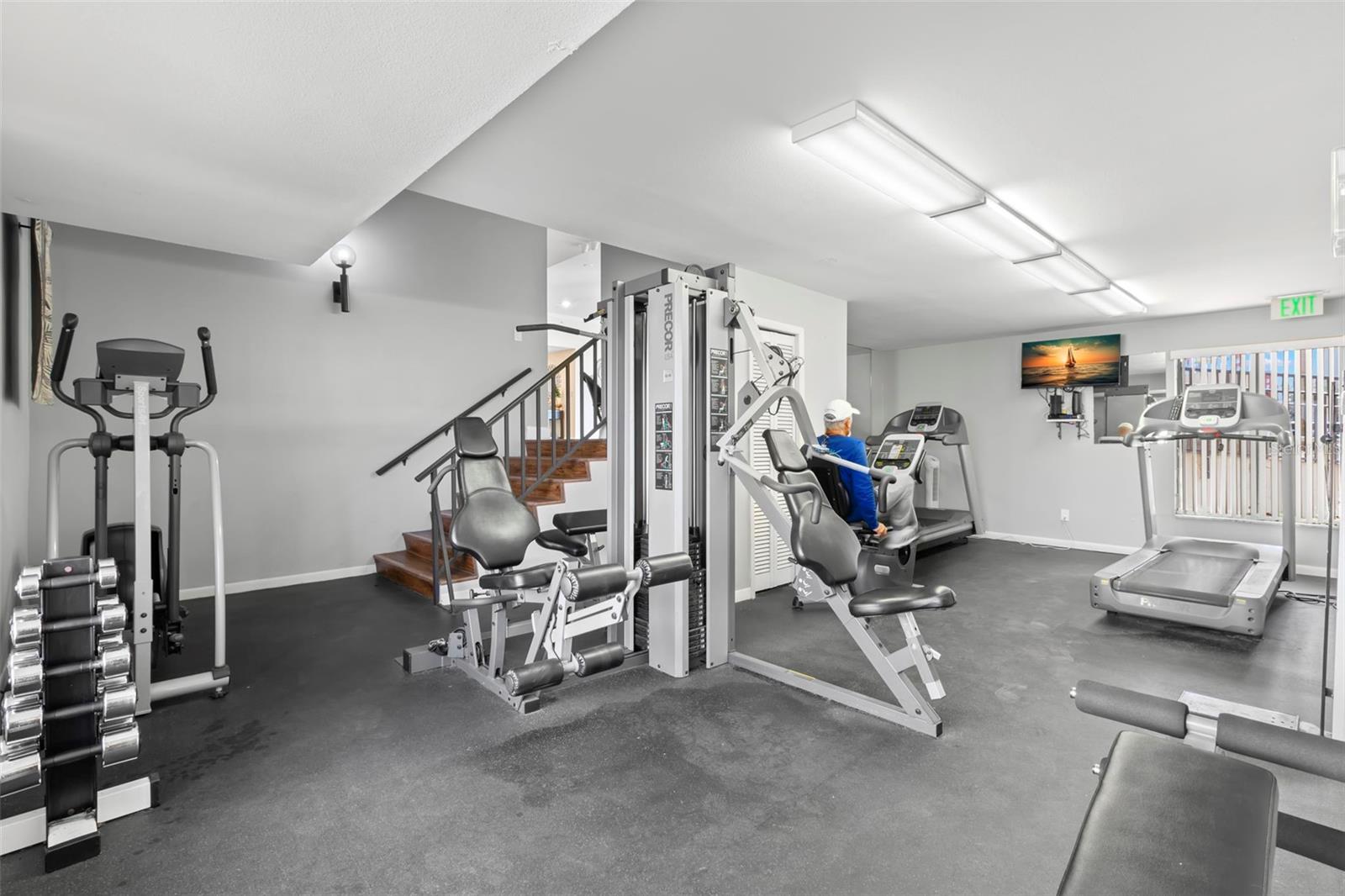 Fully equipped gym with cardio equipment, weight machines and free weights