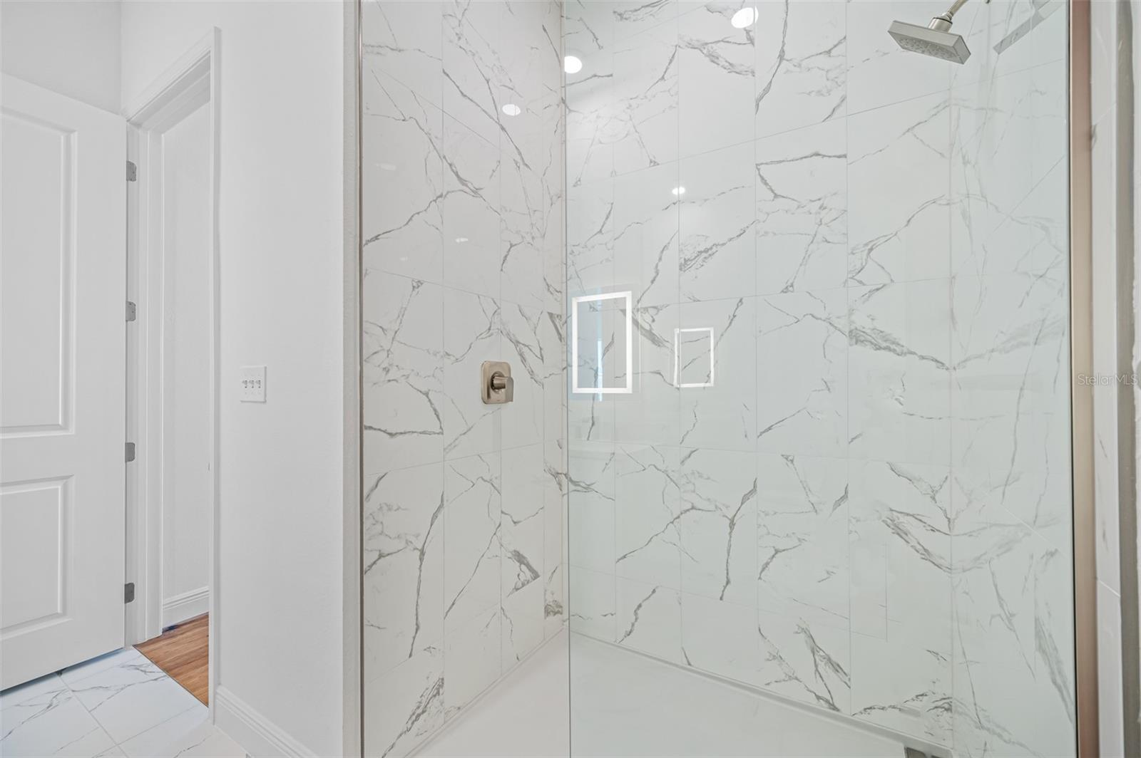 Guest Bath with walk-in shower and porcelain tile